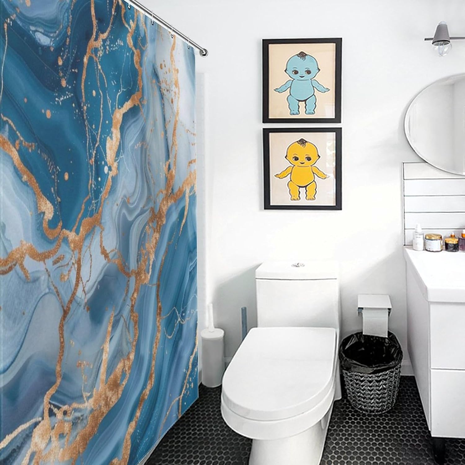 Marble Shower Curtain, Modern Abstract Foil Stone Texture Gold Blue Marble Shower Curtains Sets for Bathroom, Art Bath Curtain,Waterproof Fabric with 12 Hooks 60x72Inch（152x183cm）