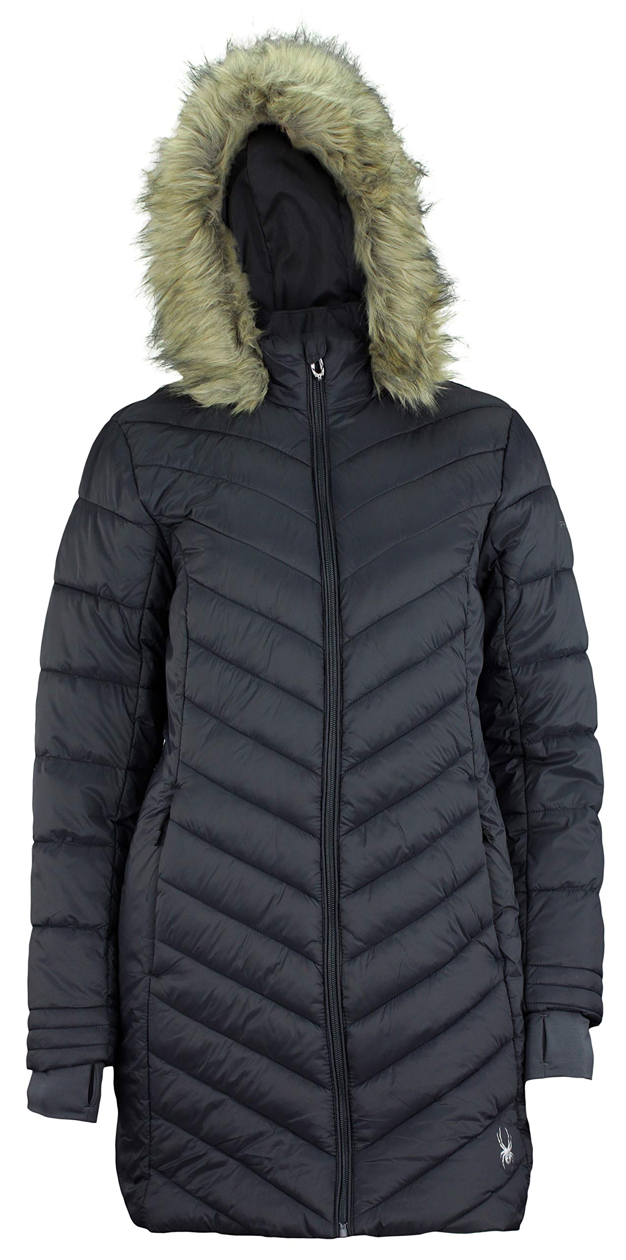 Spyder Women's Boundless Faux Fur Long Puffer Coat, Black Large