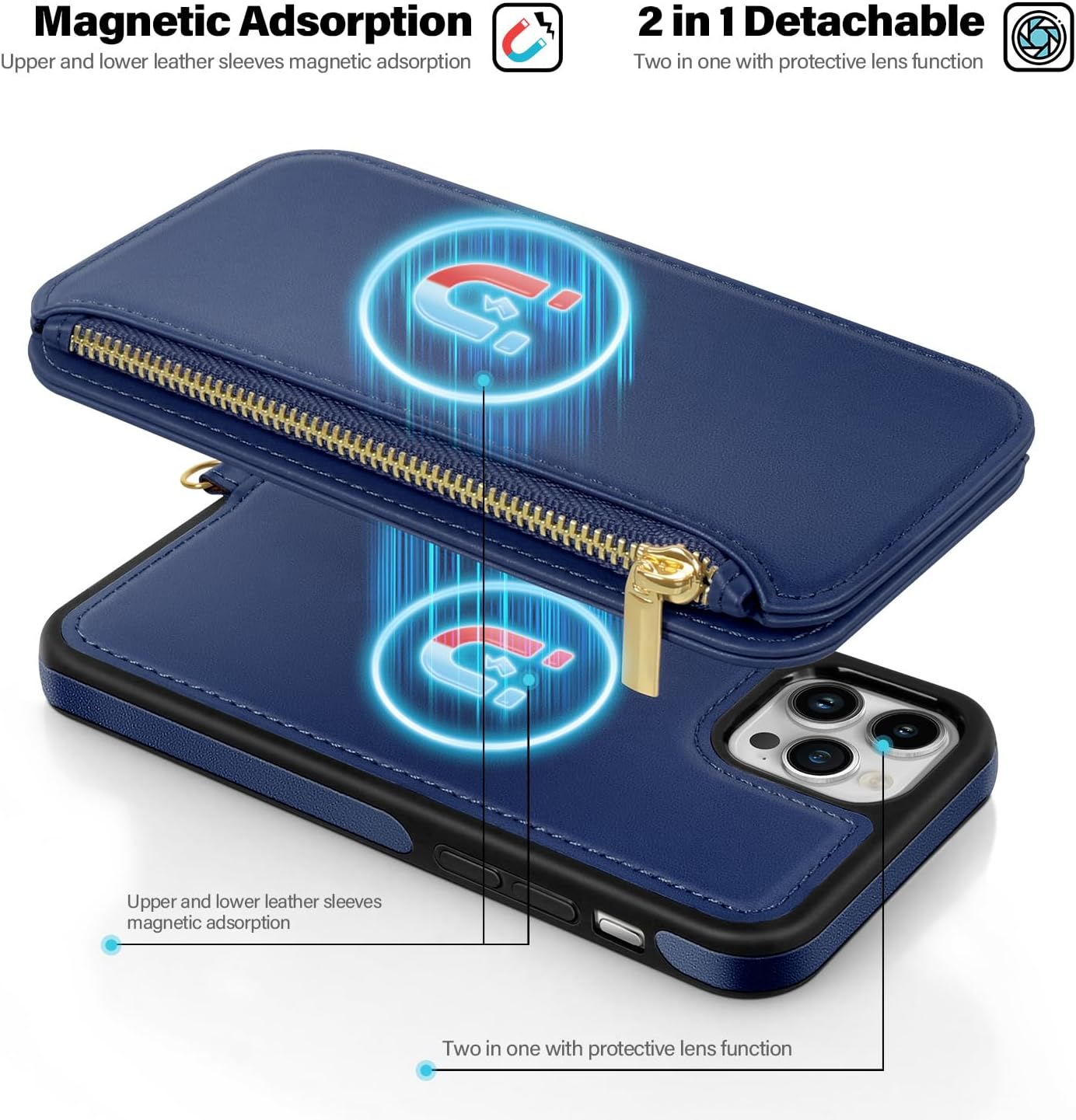 Antsturdy 2 in 1 Detachable for iPhone 15 Pro Max Wallet case with Magsafe,RFID Blocking Magnetic Wireless Charging PU Leather Phone case Flip Folio Cover Card Holder Wrist Strap Women Men,Blue