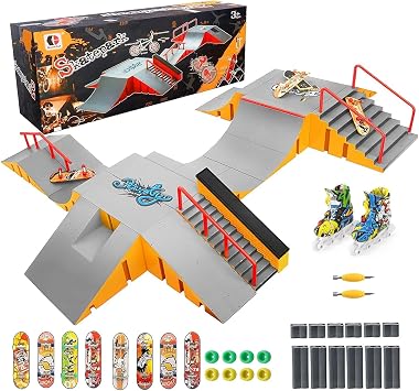 Tlater Finger Skateboard Park Kits for Kids 14-in-1 Mini Finger Skateboard Ramp Set DIY Assembly Fingerboard Skatepark for Kids Birthday Gift Yellow