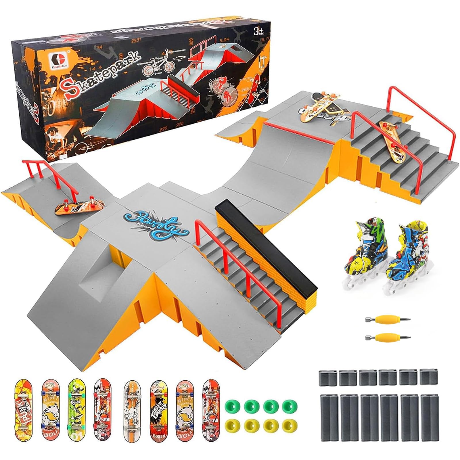 Tlater Finger Skateboard Park Kit Mini Finger Skateboard Rampa Kit DIY Montaje Diapasón Patineta Parque para Niños Regalo de Cumpleaños Amarillo 14 - en 1
