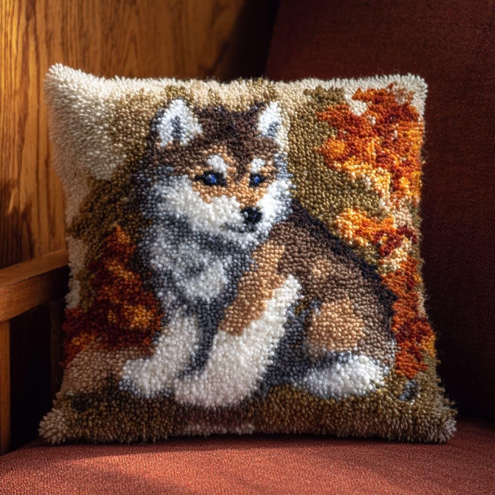 Henypt Latch Hook Cushion Kit 43x43cm,Animal cub Wolf Beginner Friendly Needlecraft Set,Adult Craft Hobby kit,Easy Latch Hook for Home Decor,
