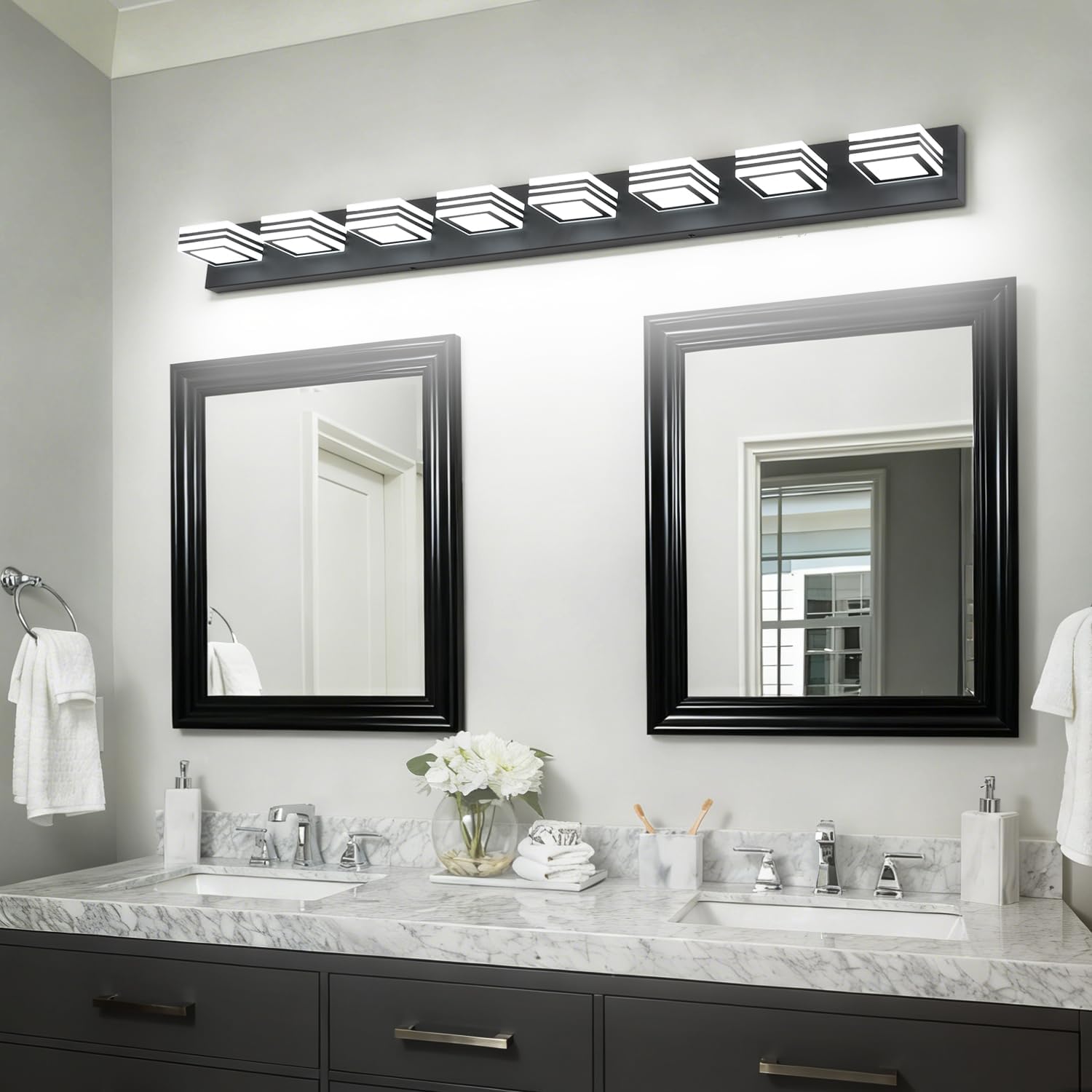 SOLFART 52inch Black Vanity Lights Fixtures - 8 Lights LED Modern Acrylic Matte Black Vanity Lights Bathroom Wall Lighting Over Mirror