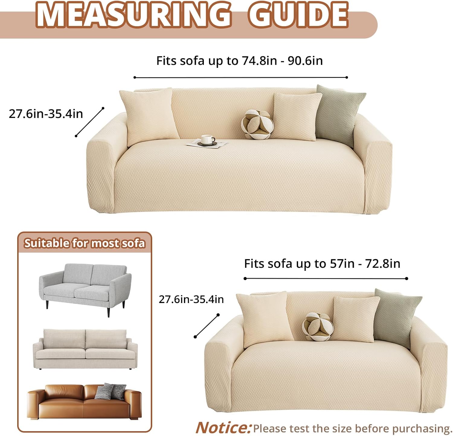 Stretch Couch Covers, Couch Covers for 3 Cushion Couch Sofa pet Friendly, Washable, Furniture Protector Sofa with Elastic Bottom for Cats, Dogs (Puff Grid - Apricot, 3 Seats)