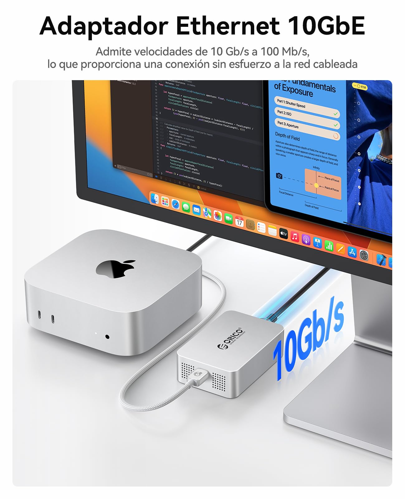 ORICO 10GbE Ethernet Adaptador, hasta 10Gb/s, Soporta 10Gb/s, 5Gb/s, 2.5Gb/s, 1Gb/s y 100Mb/s Base-T, Compatible con Dispositivos Thunderbolt 3/4/5, con Cable 0.3M 40Gbps C a C