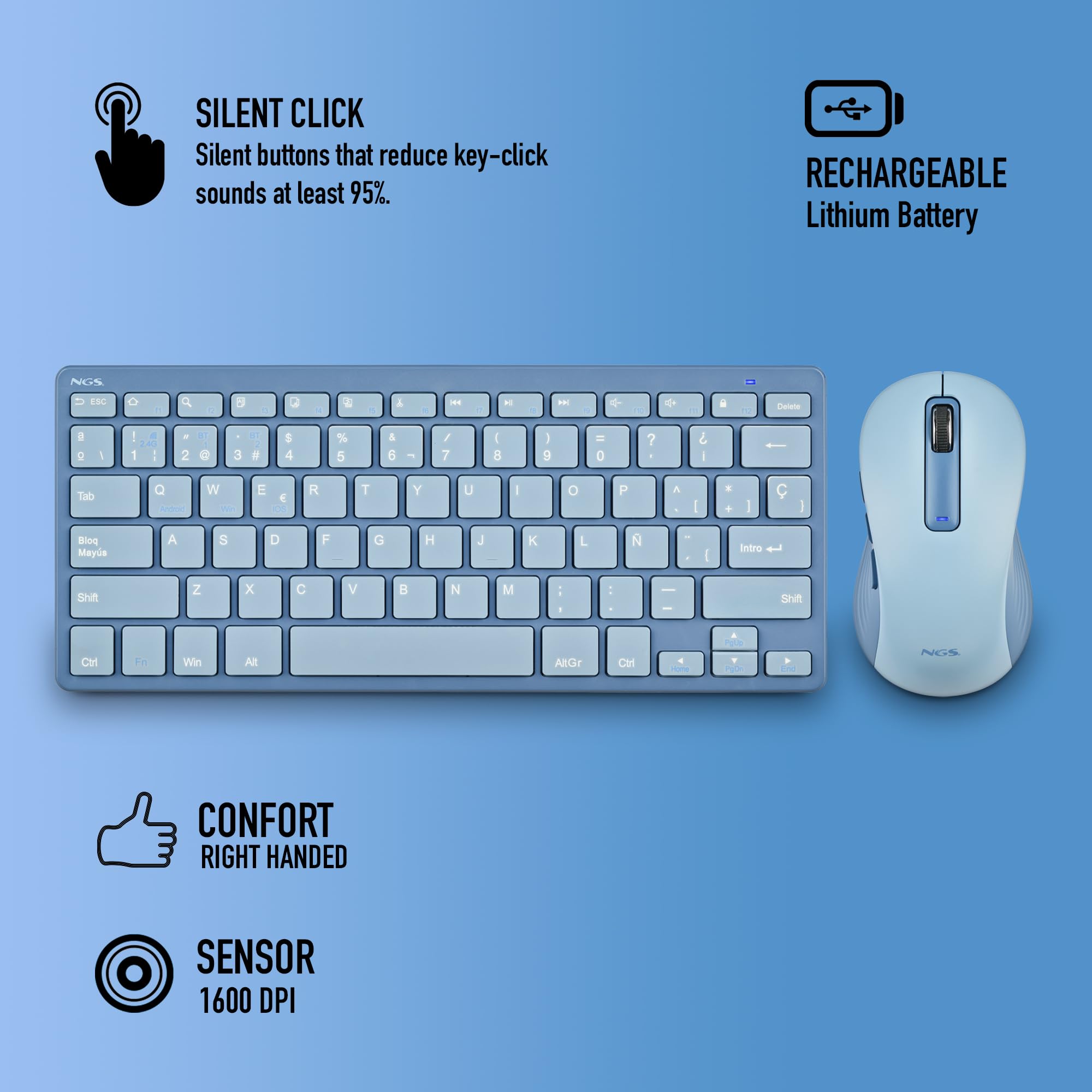 NGS Fantasy Kit Bleu Combo Clavier et Souris Langue Française AZERTY Rechargeable sans Fil Silencieux Multimode (2,4 GHz/BT1/BT2), 12 Touches multimédia, dpi réglable, Compatible avec PC/Mac/Tablets