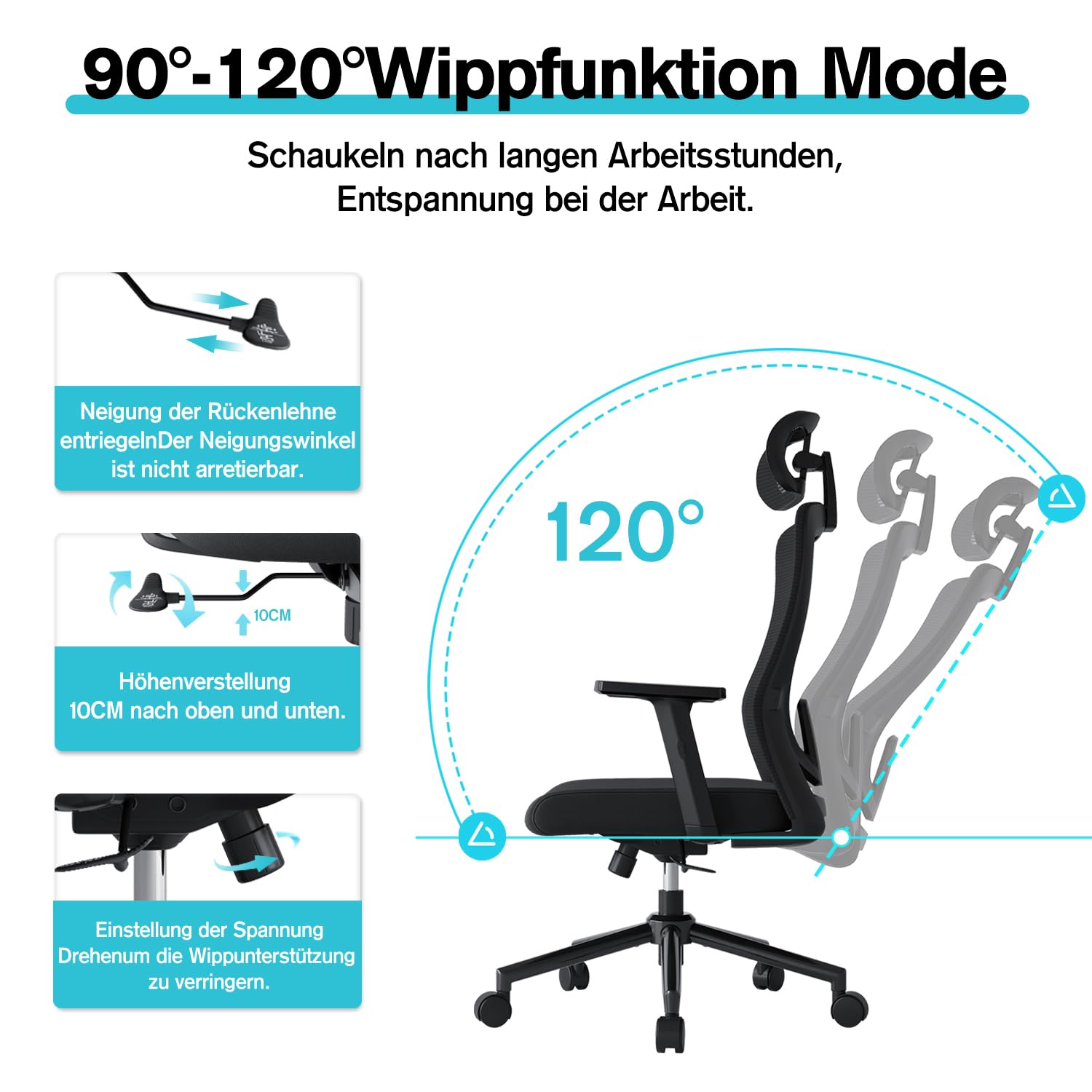 Bürostuhl mit 120° Wippfunktion, Schreibtischstuhl Ergonomischer Bürostuhl mit Verstellbarer Lendenwirbelstütze, 2D-Kopfstütze und Armlehne, Drehstuhl, Bürostuhle 150kg, Schwarz