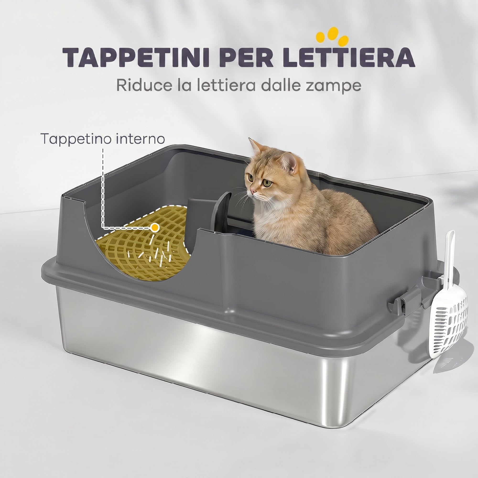 PawHut Lettiera Gatto Chiusa XL in Acciaio Inox 60.5x40.5x45cm Grigio Scuro | Con Coperchio, Toilette per Gatti 36L con Pareti Alte, Paletta, Tappetino Raccogli-sabbia