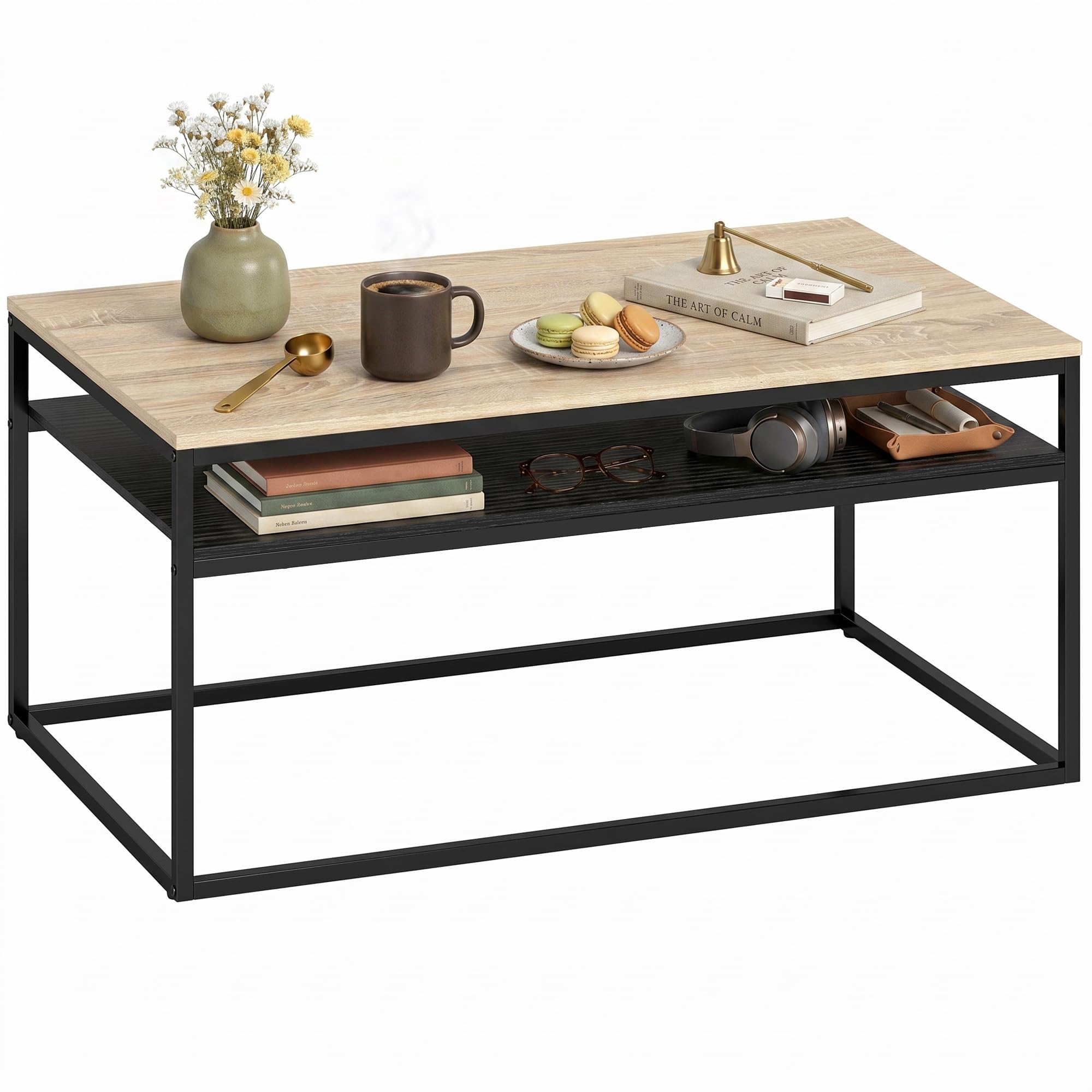 HOMCOM Couchtisch Wohnzimmertisch mit Ablage, Moderner Kaffeetisch im Industrial Design, Beistelltisch mit Metallrahmen Sofatisch für Wohnzimmer, Schlafzimmer, 100 x 59,8 x 47 cm, Eiche