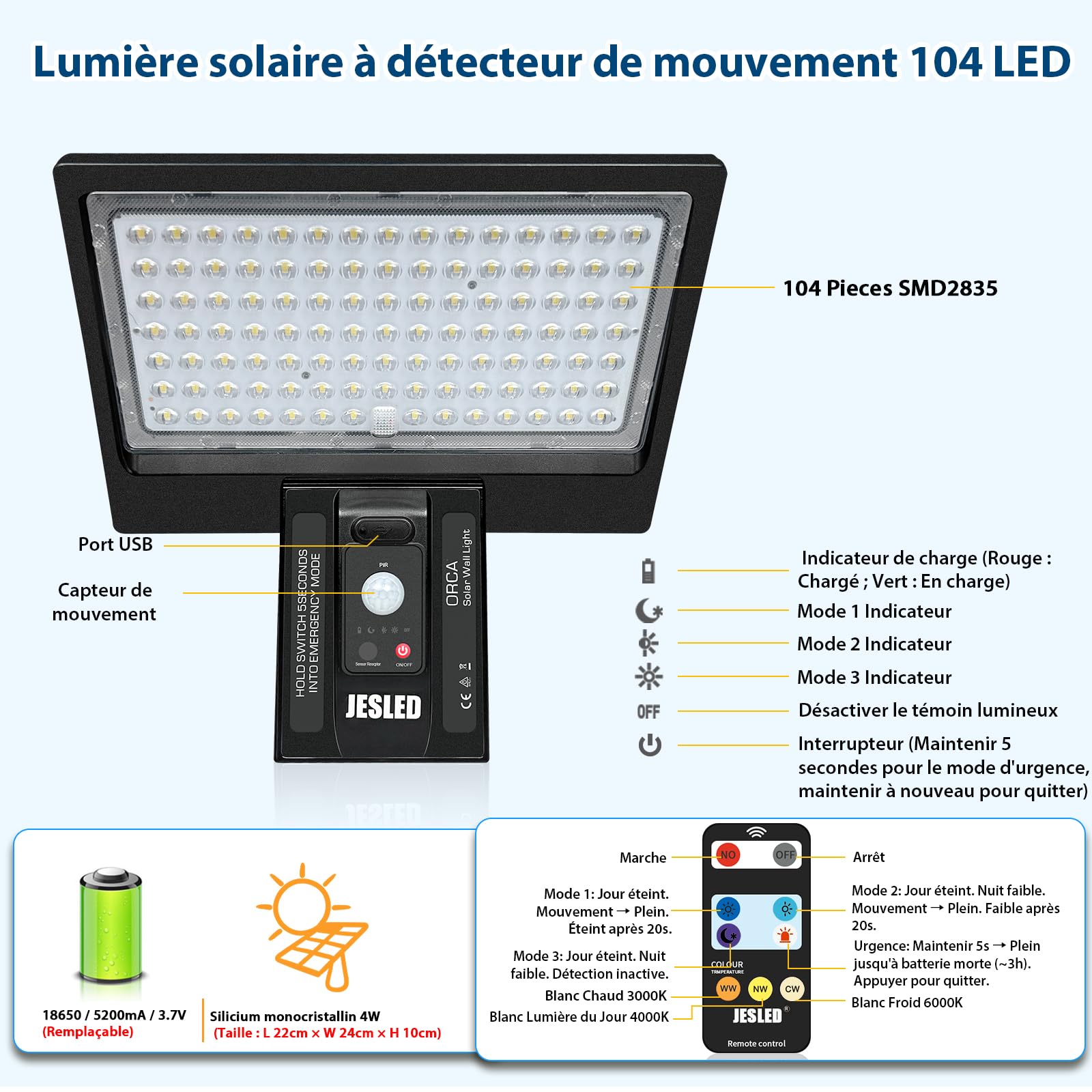 JESLED Lampe Solaire Exterieur, 104 Eclairage Exterieur Solaire avec Télécommande, Batterie Grande Capacité de 5200 mAhh, 3 Couleurs 4 Modes Projecteur Solaire Exterieur pour Jardin, Cour, 2 Paquet