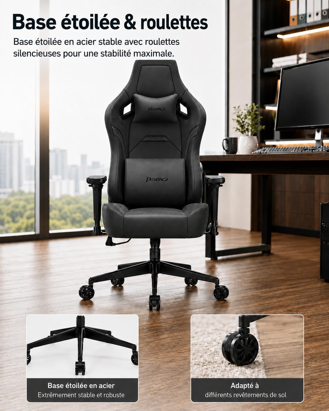 Devoko Suédine Chaise Gaming Confortable, Chaise Bureau Ergonomique avec Accoudoirs 3D, Fauteuil Gaming Inclinable 90°-135° for Gamer, Office, Charge Maximale 200Kg,Noir