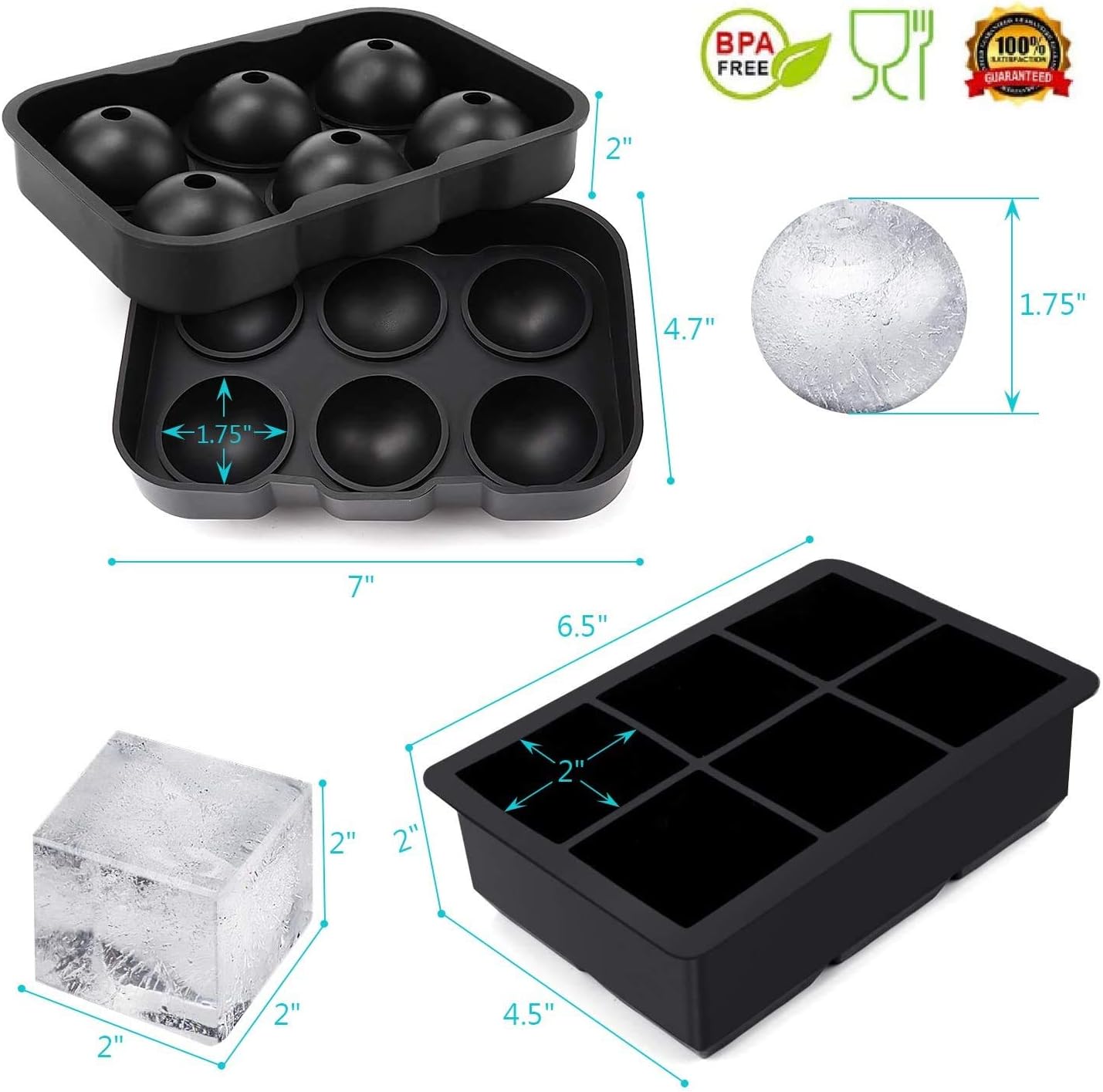 Ice Cube Trays Silicone Set of 2, Sphere Ice Ball Maker with Lid and Large Square Ice Cube Molds for Whiskey, Reusable and BPA Free