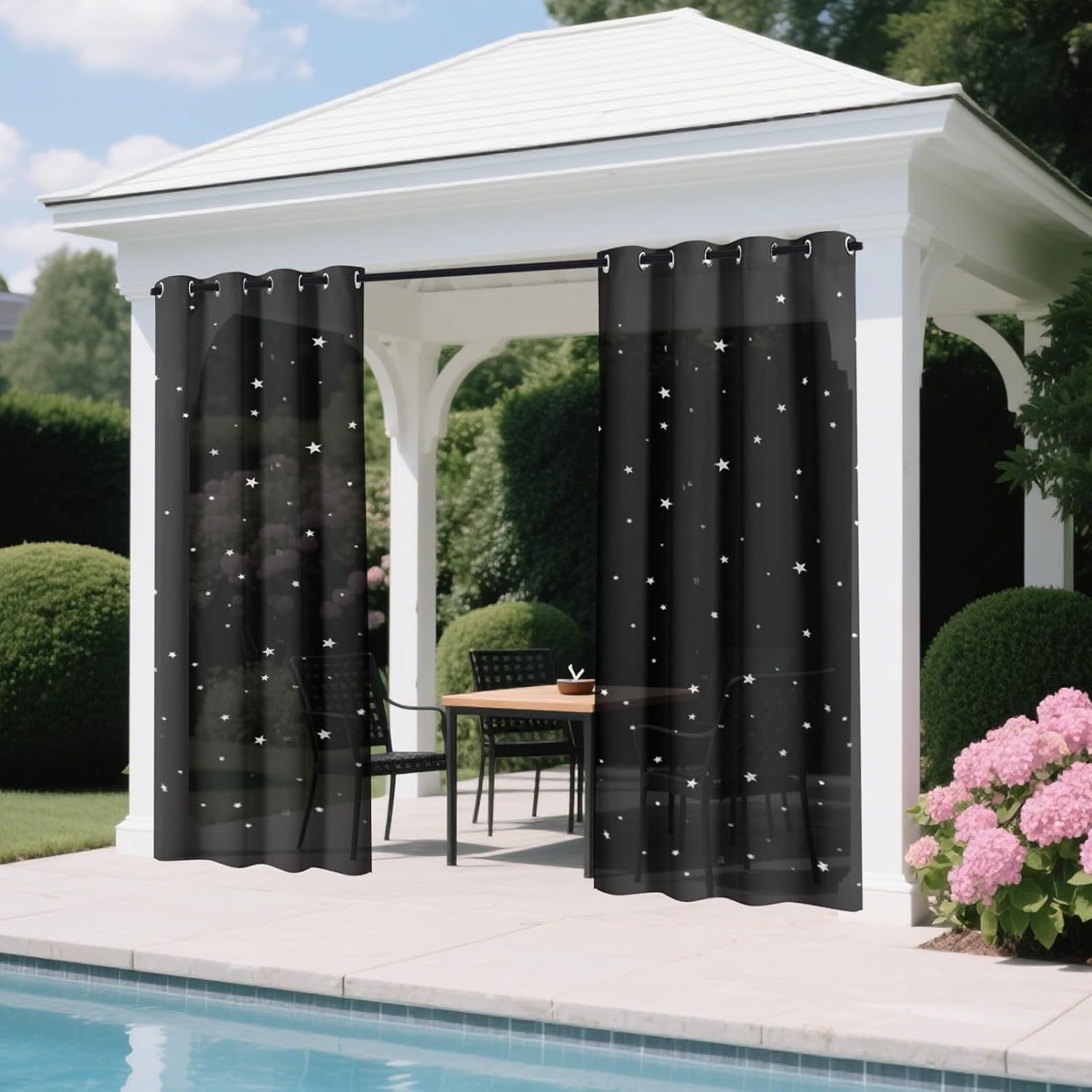 SK Studio Outdoor Sheer Curtains for Patio, 2 Panels Waterproof and Glow in The Dark Star Print Voile Drapes Privacy Curtains for Living Room, Gazebo, Porch, Balcony, Black, 52" W x 84" L