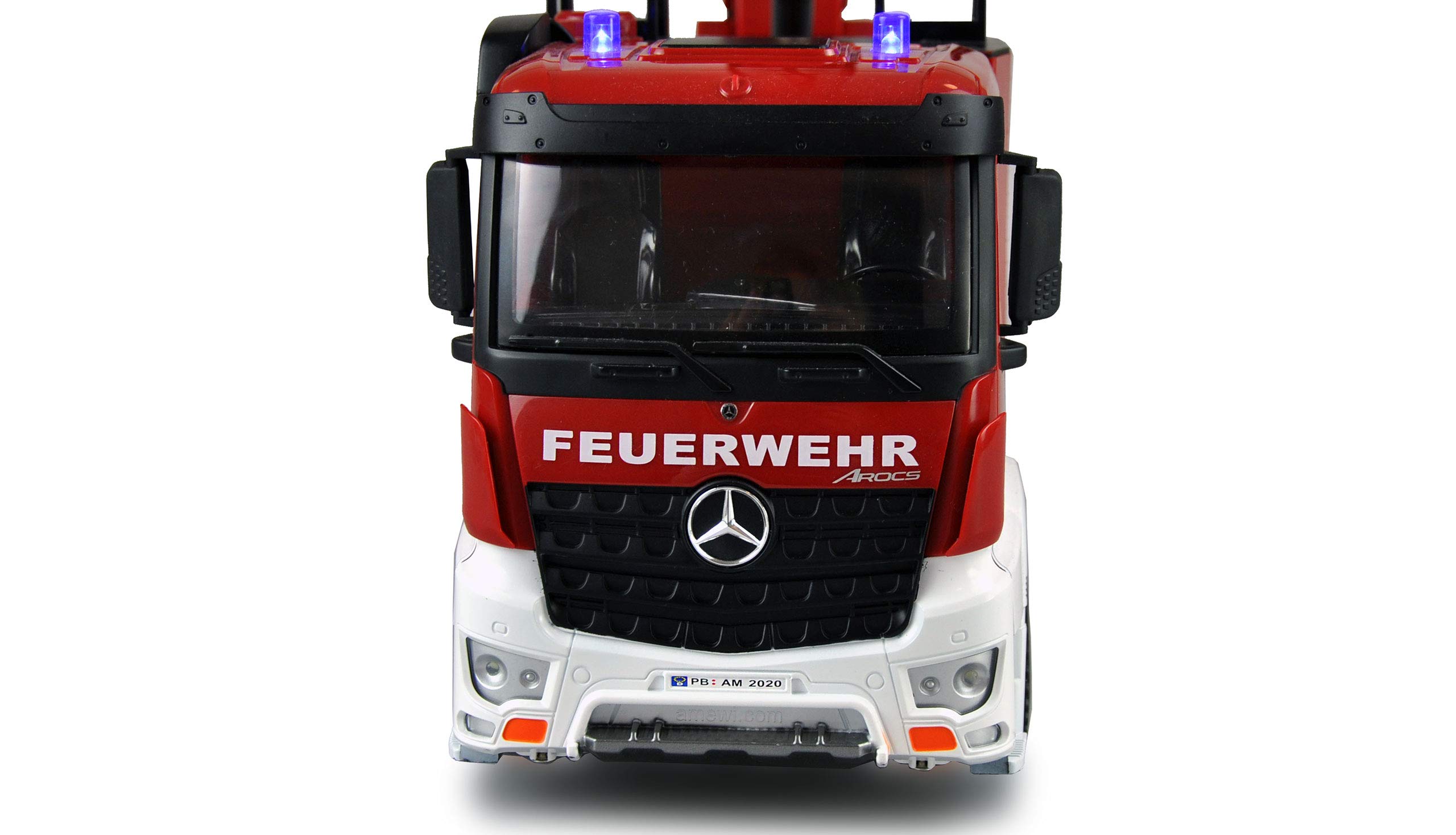 Amewi 22502 Mercedes-Benz Feuerwehr Drehleiterfahrzeug 1:18, RTR, Lizenzfahrzeug, Rot/Weiß