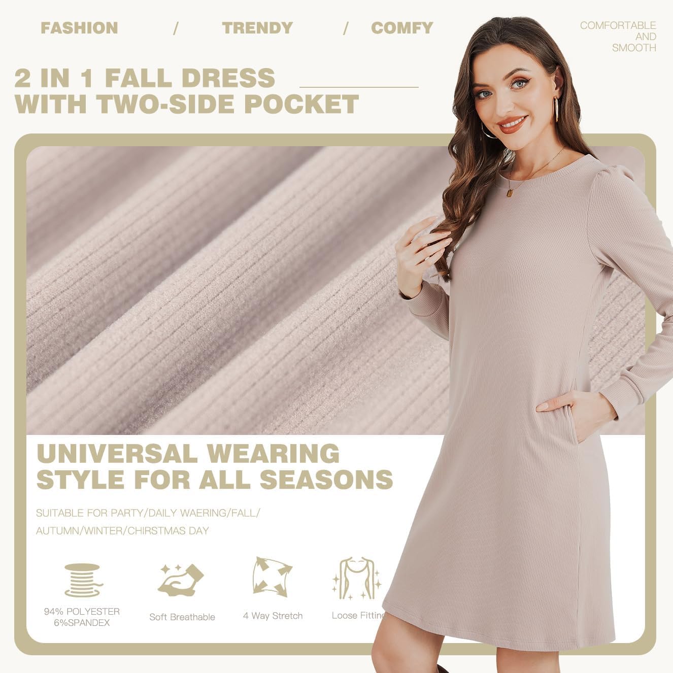 ANYFITTING Women Built in Bra Sweater Dress 2025 Fashion Fall Dresses with Pockets Long Sleeve Cute Knit Short Knee Length