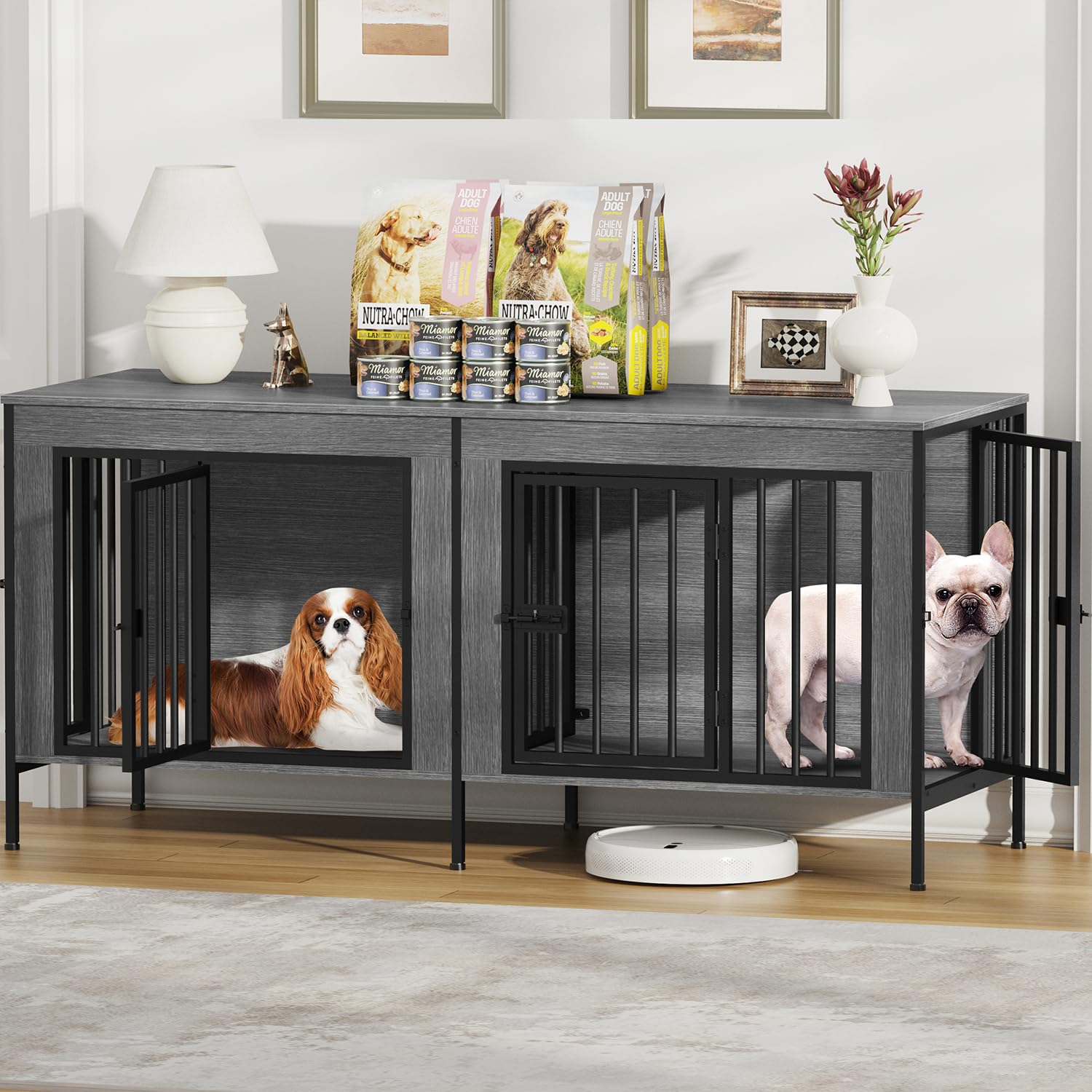 AMLANCHER 140cm Dog Crate Furniture for 1 or 2 Dogs, with Removable Divider & 4 Doors, Wooden Indoor Dog Kennel for Medium/Small Dogs, Doubles as Side Table & TV Stand, 140x52x66cm, Dark Grey