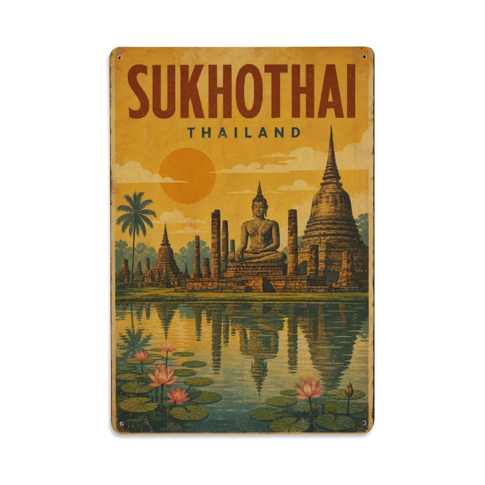 Travel Vintage Thailand Sukhothai Metal Tin Sign Plaque Wall Decor for Cafe, Club Bar, Office, Garden Metal Poster 8x12Inch