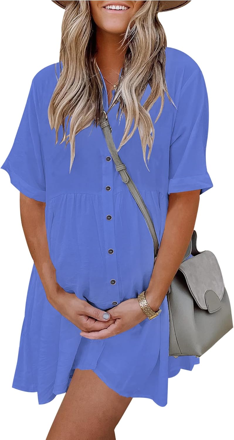 PYGFEMR Women’s Short Sleeve Babydoll Dress Button Down Dresses with Pockets