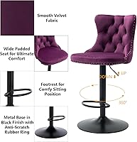 Vista 130 de Aoowow Juego de 2 taburetes de bar giratorios, taburetes de bar ajustables con respaldo de terciopelo copetudo, sillas de bar modernas tapizadas