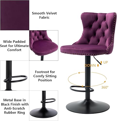 Miniatura 64 de Aoowow Juego de 2 taburetes de bar giratorios ajustables con respaldo de terciopelo copetudo, sillas de bar modernas tapizadas con cabeza de clavo