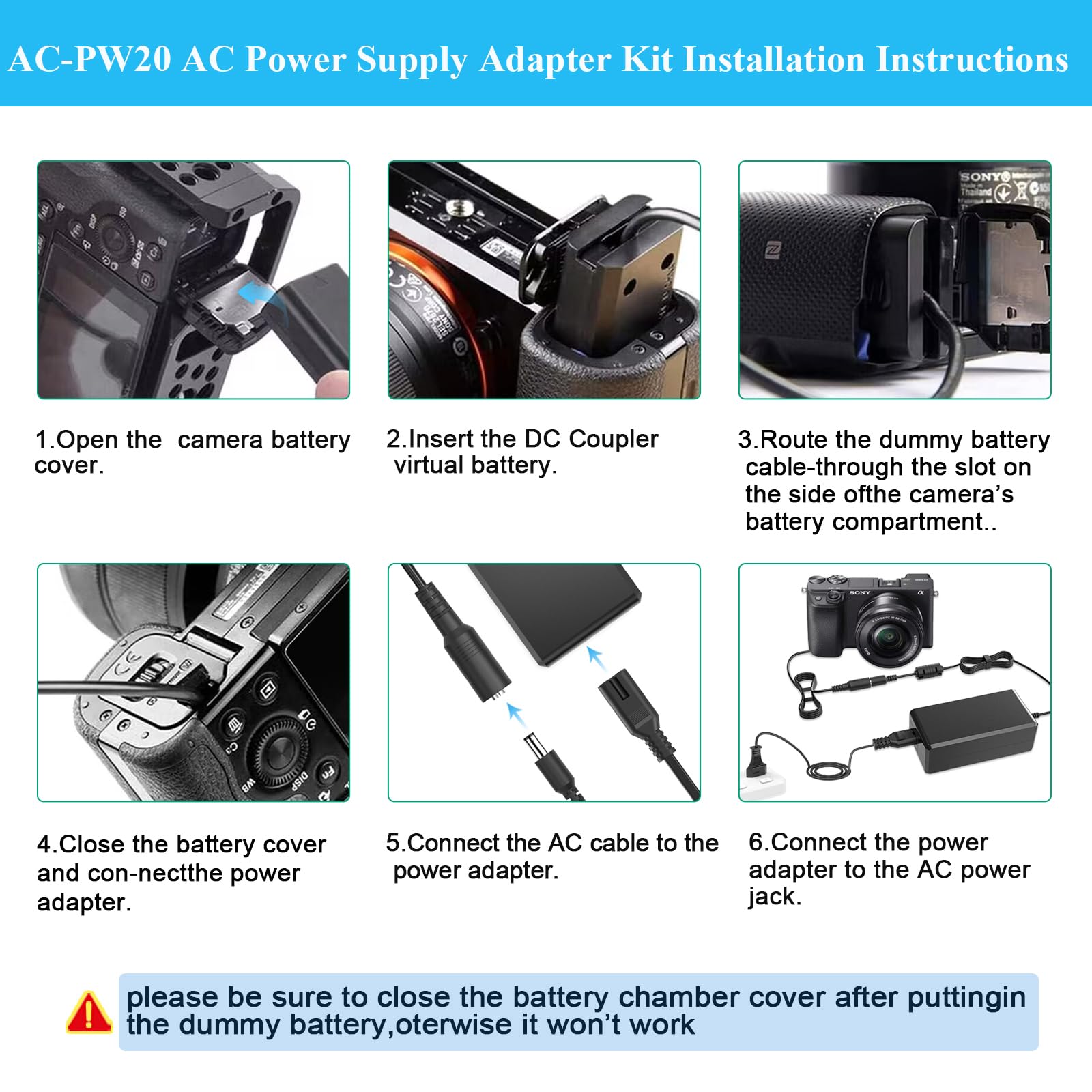 AC-PW20 zasilacz NP-FW50 Dummy Battery DC Coupler Kit do Sony Alpha A5100 A6000 A6100 A6300 A6400 A6500 ZV-E10 A7 A7R A7S A7II A7RII A7SII RX10 II NEIV X5 NEX5 Nex7 kamer.