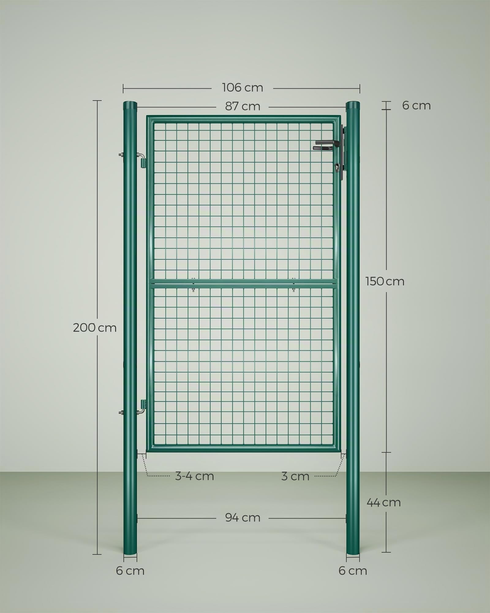 SONGMICS Cancello da Giardino, Cancelletto da Giardino, Acciaio Zincato con Serratura, Porta di 106 x 150 cm (L x H), Tubo Tondo, Cancello per Recinzione, Verde GGD200G