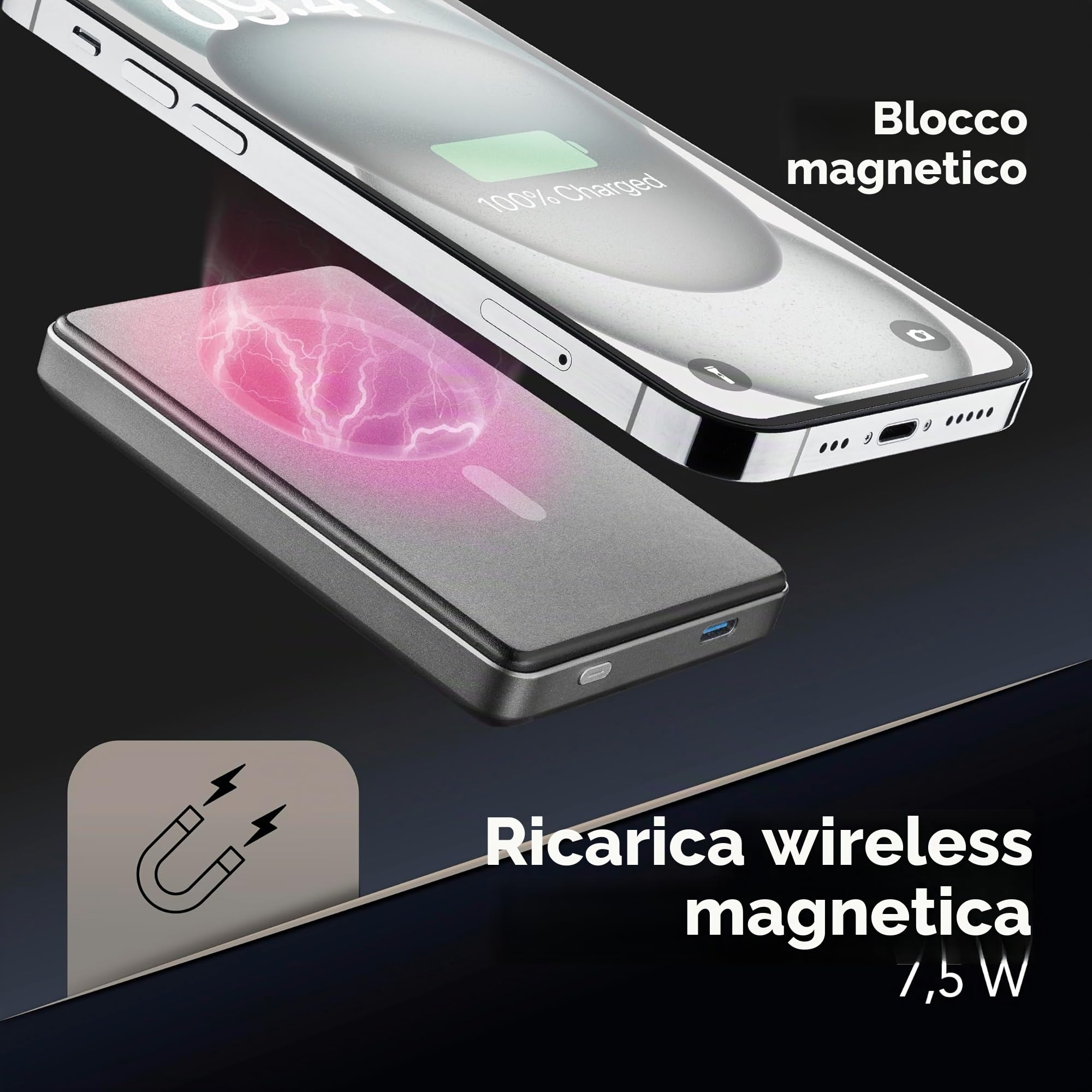 Cellularline - Powerbank MAG LITE 10000 - Caricabatterie portatile Wireless da 10000mAh - Tecnologia Mag Safe - Carica wireless 7.5W - Grigio
