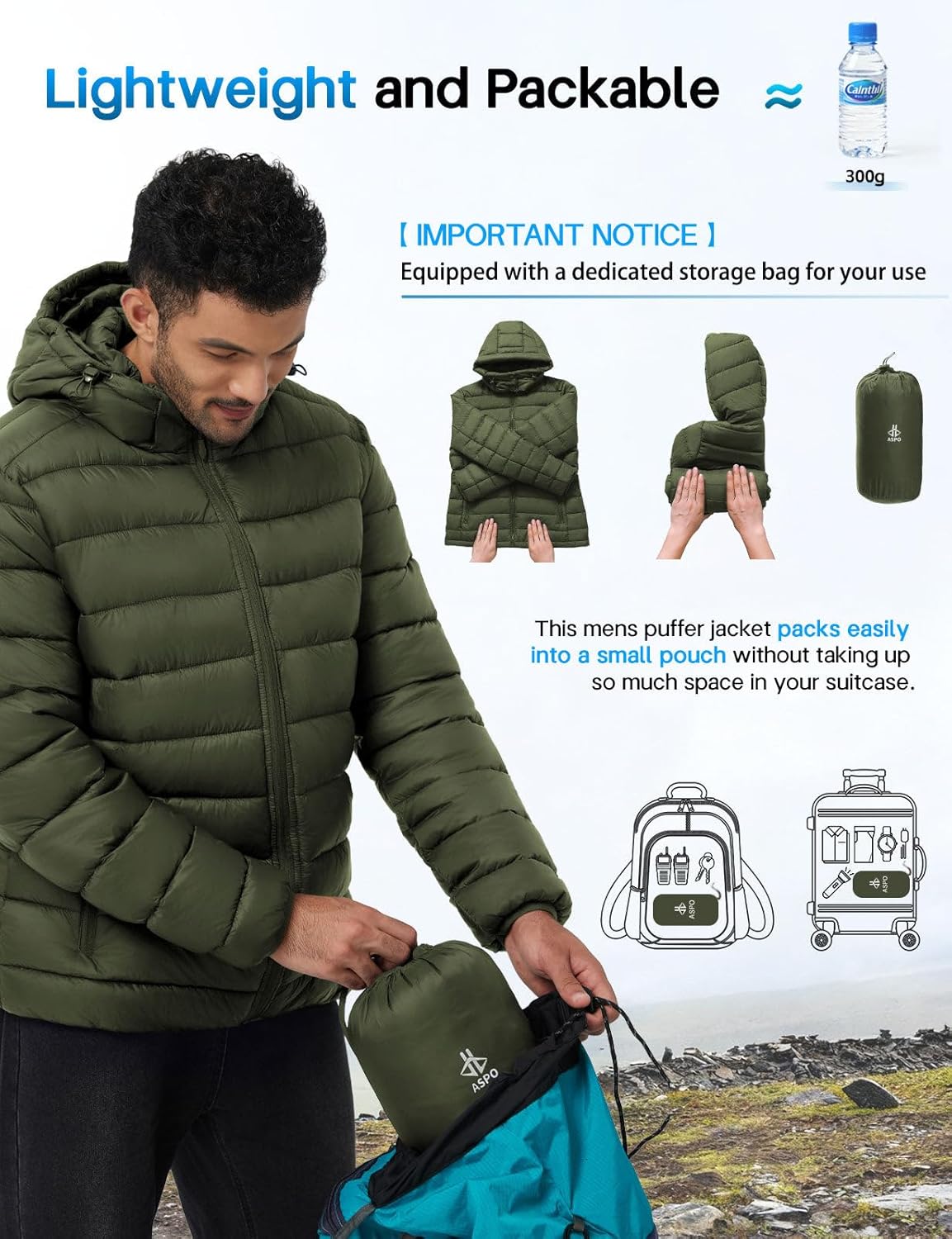 ASPO Men's Packable Puffer Jackets Winter Lightweight Detachable Hood Water-Resistant Down Coats Warm Insulated Hiking Travel - Image 4