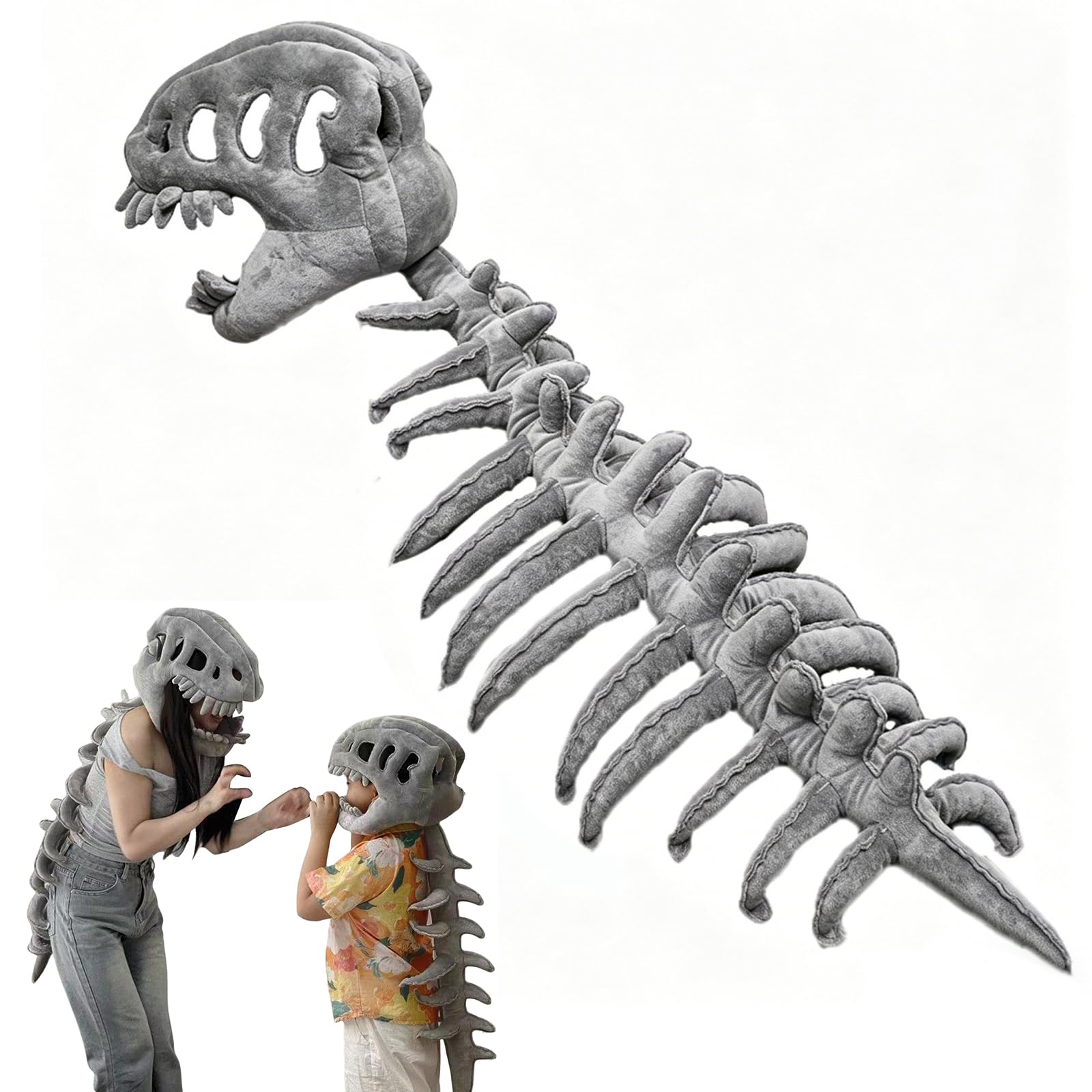 30 inch Adult Dinosaur Skeleton Fancy Dress Costume – Silly Dino Plush Halloween Outfit with Hood and Back Spikes Cosplay Wearable for Men Women