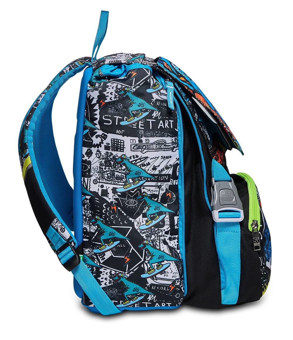 SJ Gang Zaino Scuola Estensibile, Blu Nero, Flip 3D Boy, Zaino Doppio Scomparto Estensibile Con Pattine Sfogliabili, Dinosauro 3D, Scuola Elementare e Tempo libero, Bambino