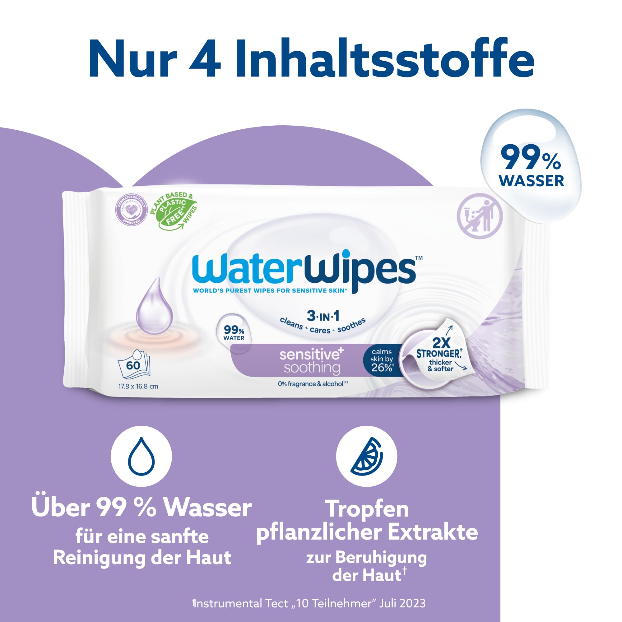 WaterWipes Sensitive+ Soothing Clean Wipes, Beruhigende Tücher, 720 Stück (12 Packungen), 3-in-1-Reinigung, Pflege, Beruhigung, 99% Wasser mit Pflanzenextrakt, parfümfreie Babyfeuchttücher