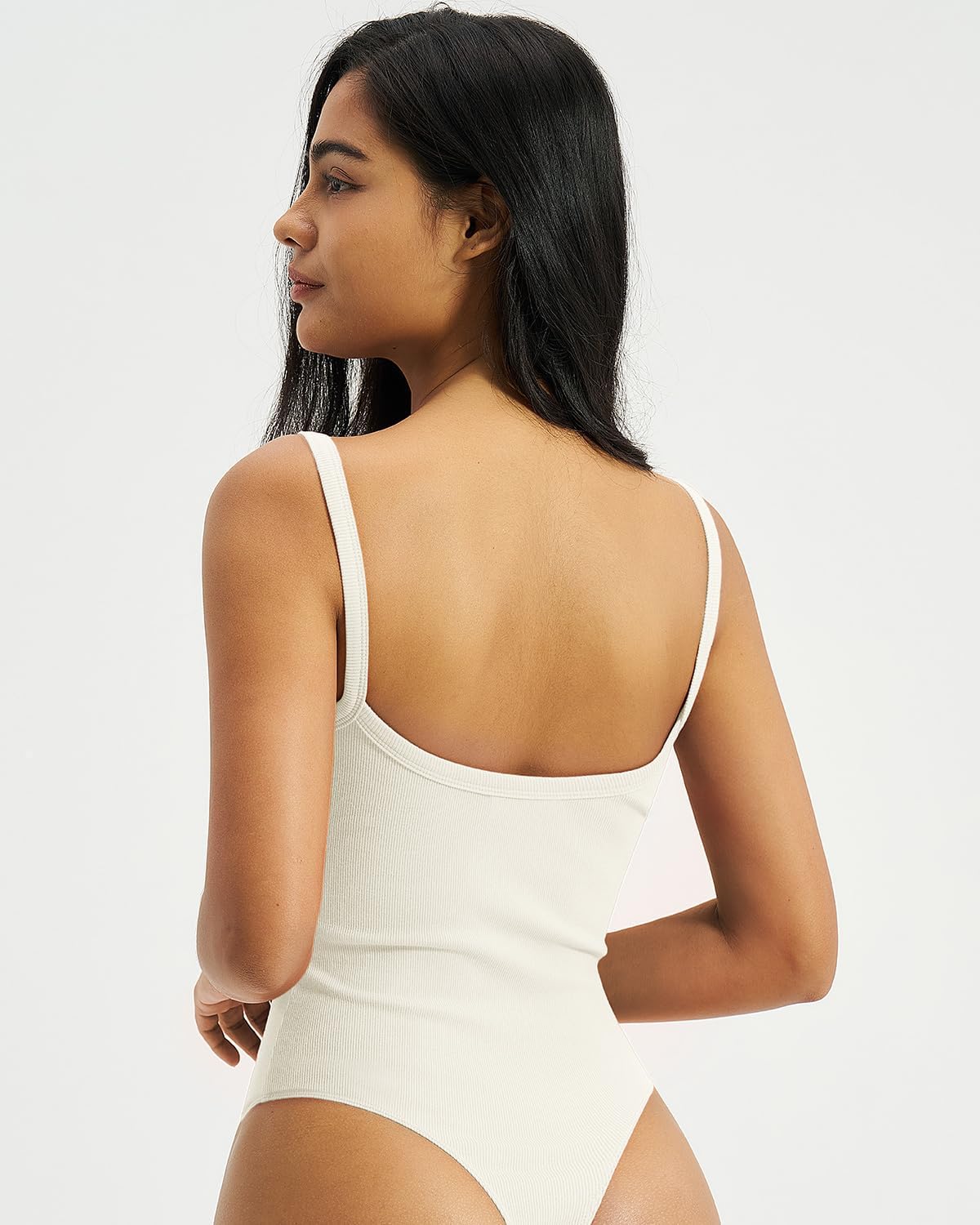 QINSEN Bodysuits for Women Square Neck Low Back Ribbed Knit Tummy Control Going Out Shirt Tops