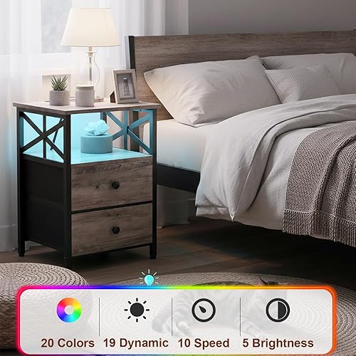 Miniatura 5 de Juego de 2 mesitas de noche AMHANCIBLE, mesita de noche LED con estación de carga, mesas auxiliares para sala de estar con cajones de tela, mesita