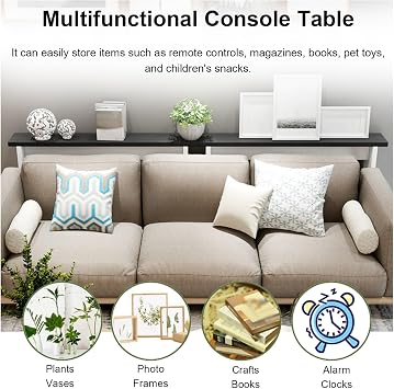 Modern Slim Console Table - Narrow Entryway Shelf with Black Top 120cm Long - Ideal for Living Room & Bedroom Fits Behind Bed (W-15cm/5.9in)