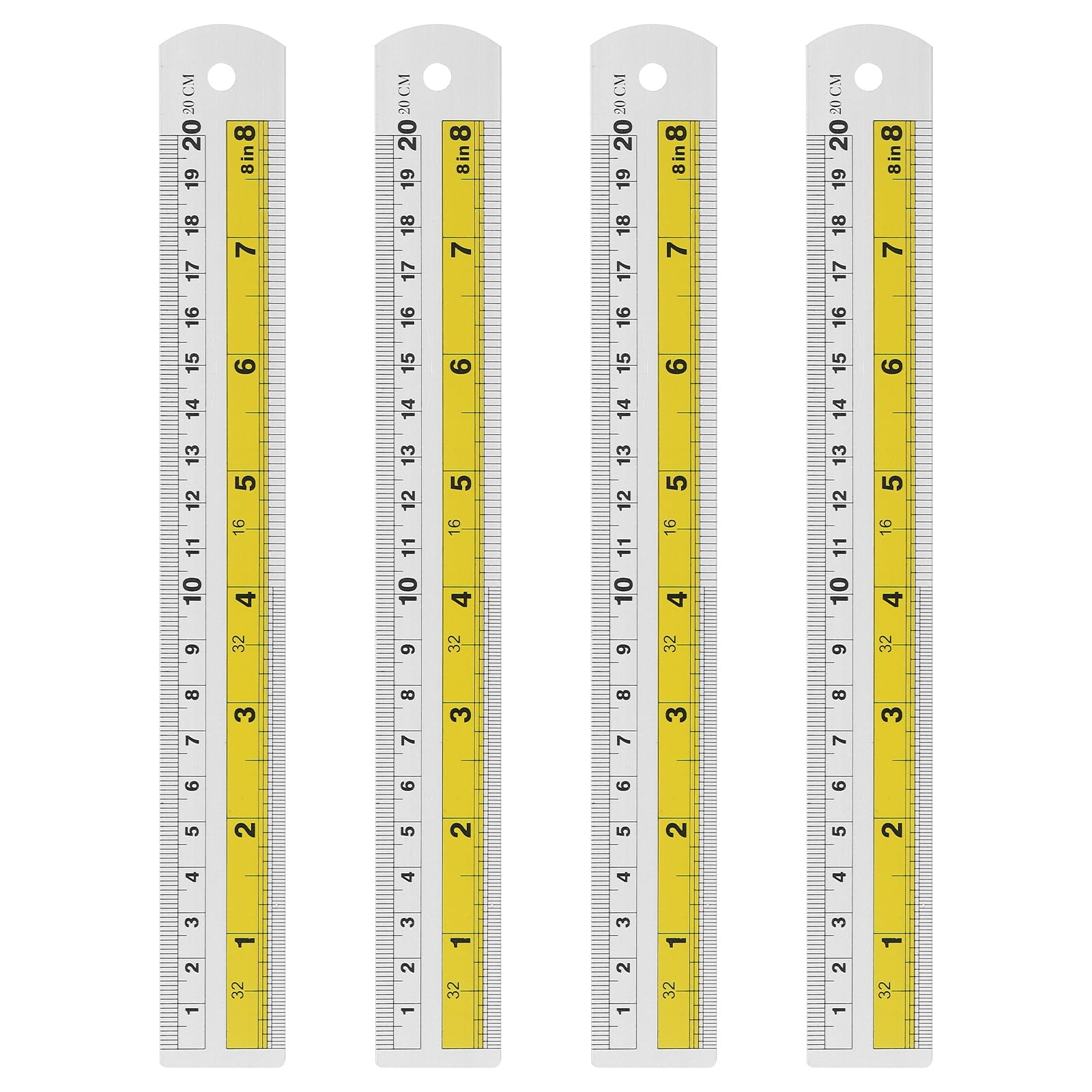 HARFINGTON 4pcs Metal Straight Ruler 20cm Metric SAE Aluminum Alloy Measuring Rulers Scale Tool with Hole for Measure Study Reading Classroom Office,