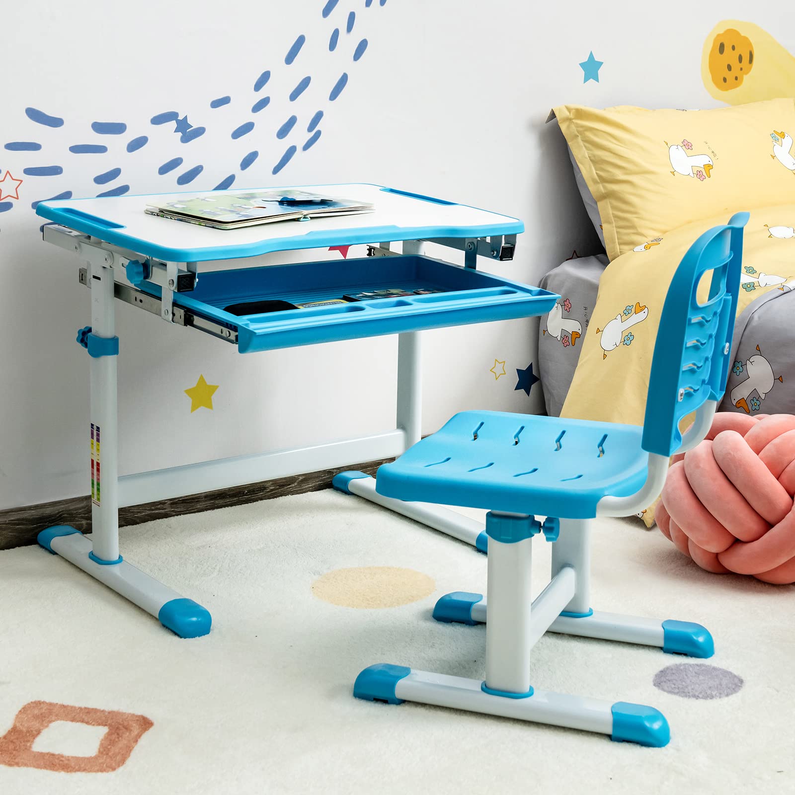 COSTWAY Set Scrivania e Sedia per Bambini, Set Tavolo con Altezza Regolabile per Bambini, Tavolo per Studiare con Superficie Inclinabile (Blu)