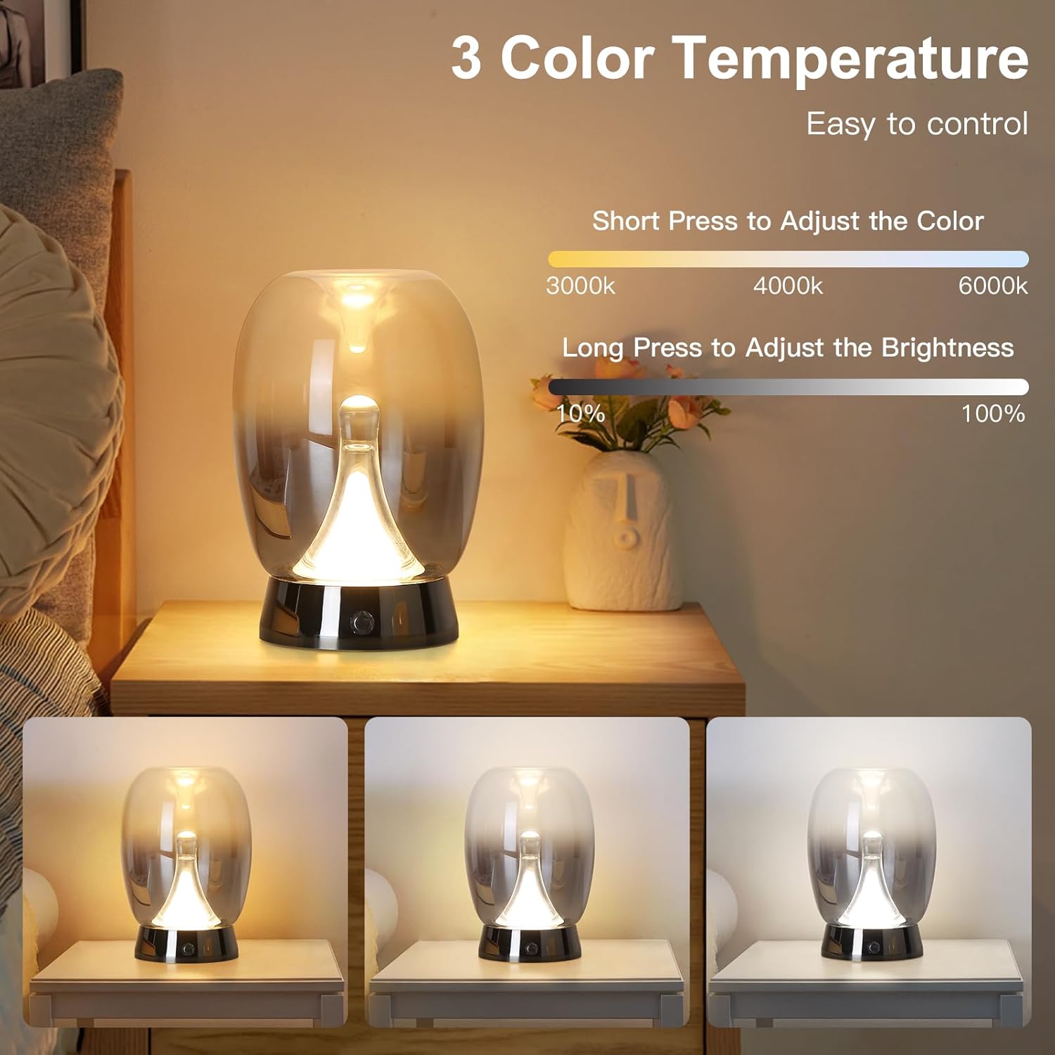 Modern Smoke Glass Table Lamp - Minimalist LED Accent Light for Bedroom, Living Room & Office | Touch Control Dimmable Bedside Lamp with Stainless Steel Base