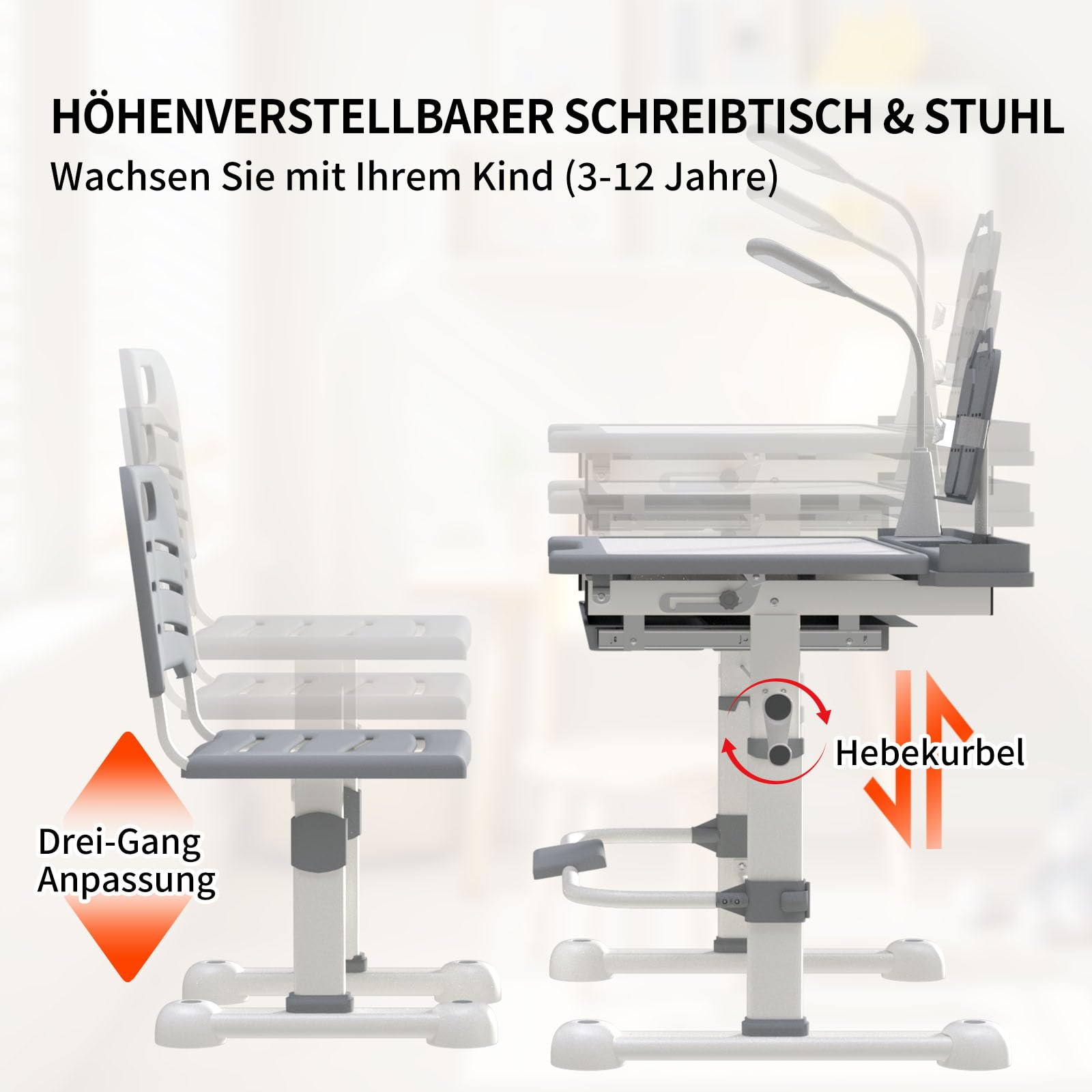 YLGJ&TIDY Schreibtisch Kinder, Kinderschreibtisch und Stuhl Set, Höhenverstellbar Kinderschreibtisch für Kinder 3-12 Jahre, Mehrfunktional Kinderschreibtisch mit, Aufbewahrung, Malen & Lesen (Grau)