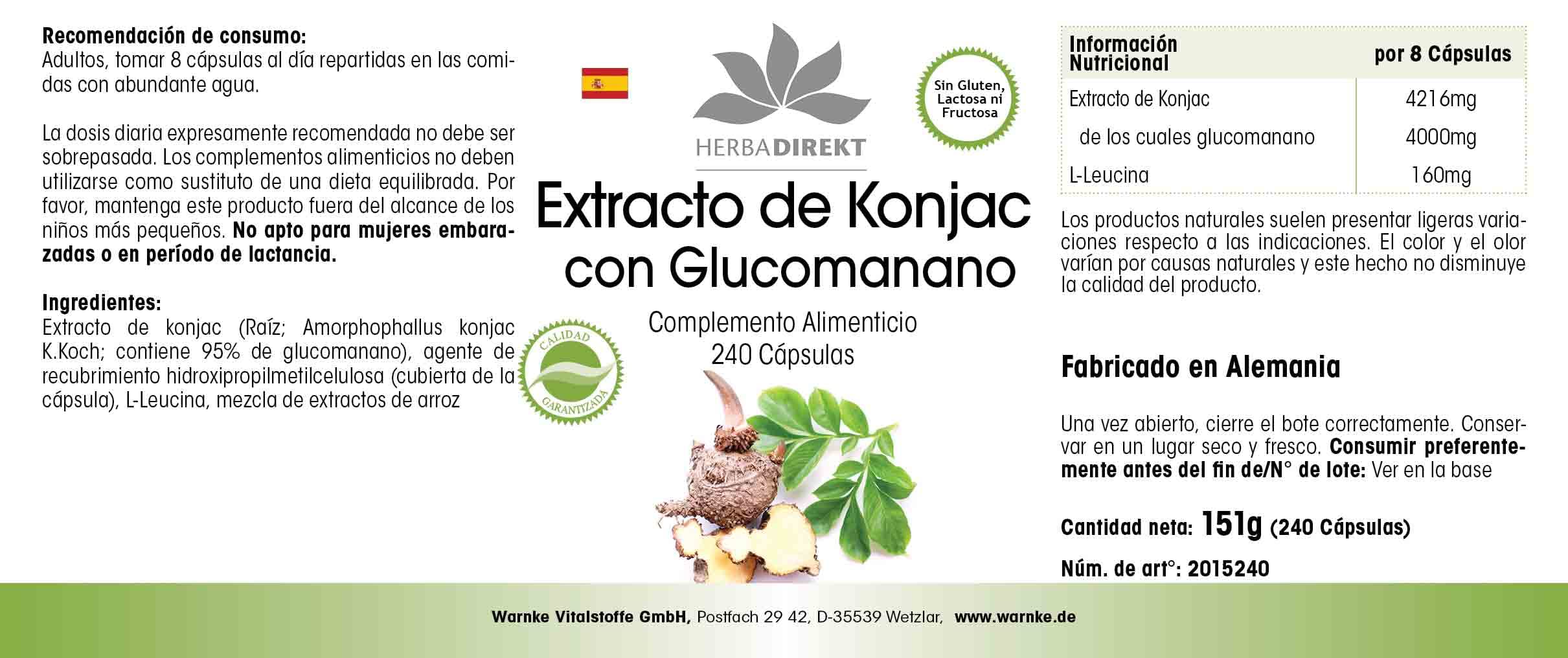 Konjac 527 mg - Extrait - 240 gélules - Végétarien - Avec 95% de glucomannane | Herba Direkt - Qualité des pharmacies allemandes