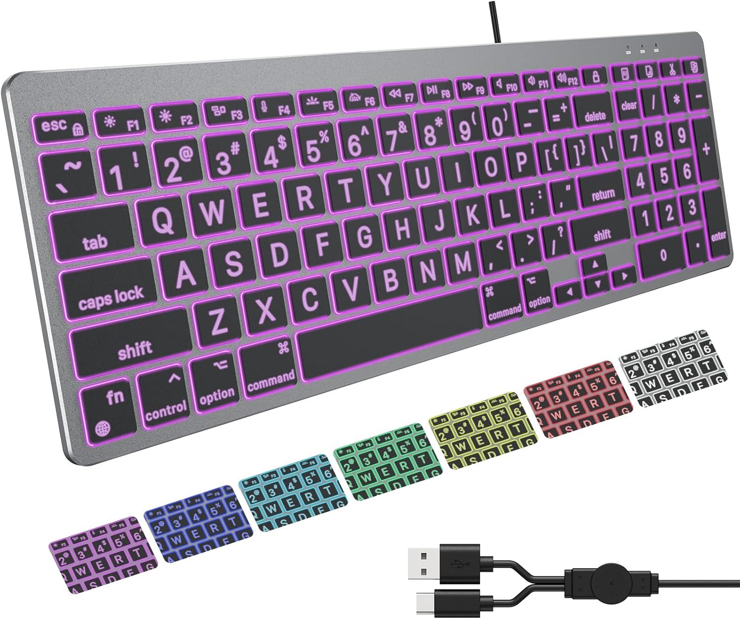 OMOTON Lighted Wired Keyboard for Mac, Large Print Backlit Keyboard with Numeric Keypad, Dual Interface (USB C + A), 7 Colors and Easy to See Big Letters for MacBook Pro/Air, Mini, iMac, Space Grey
