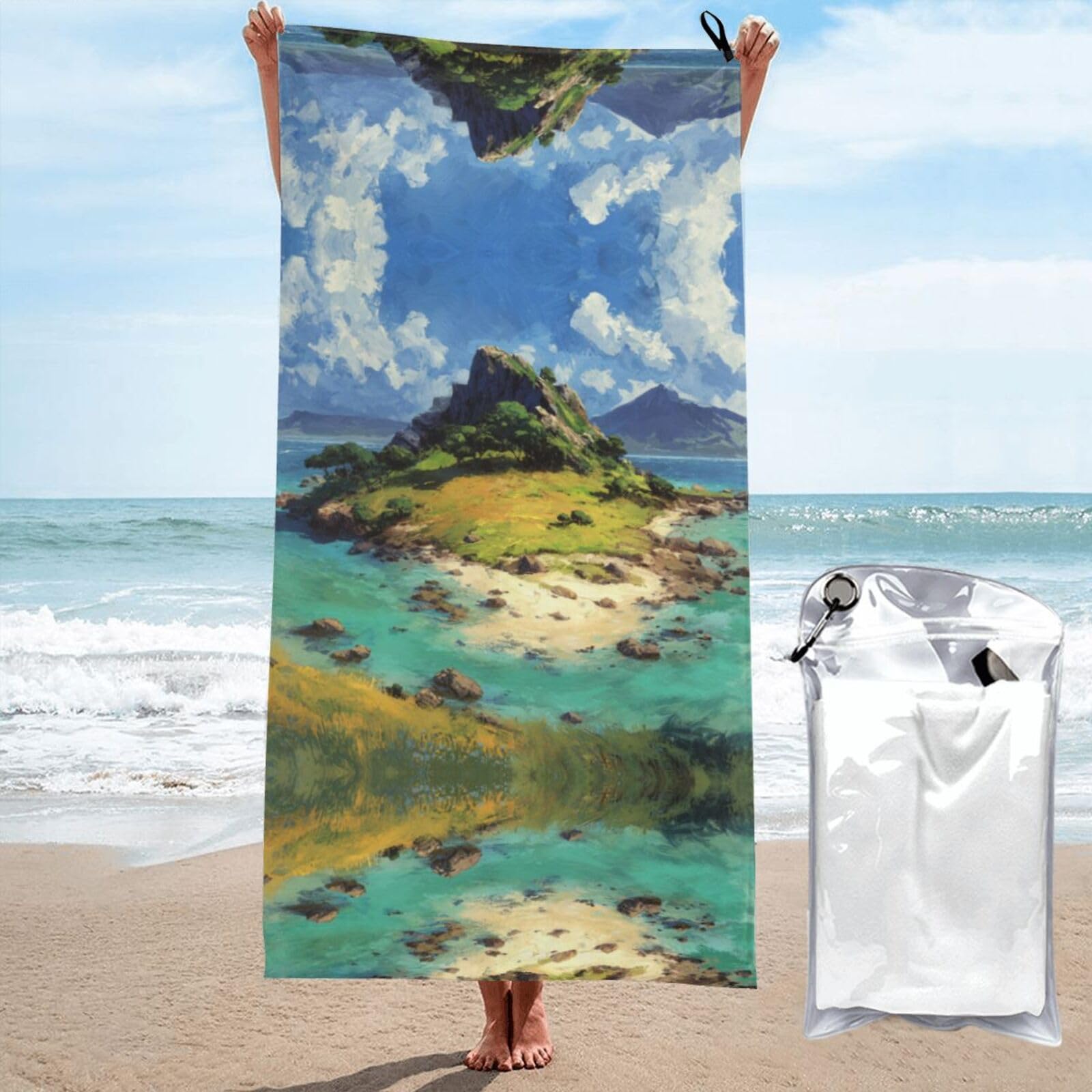 ESNAIUVCD Island Scenery Print Beach Towel, Microfibre Sauna Towel, Quick-Drying Fitness Towel, Lightweight And Thin Portable Sauna Towel