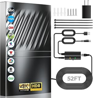 6000+ Miles Range TV Antenna, Digital Antenna for Smart TV Indoor Outdoor | 360° Reception HDTV Antenna for Local Channels for All TVs with Signal Booster,Easy Setup,52ft Coax Cable-Support 8K 4K 1080p