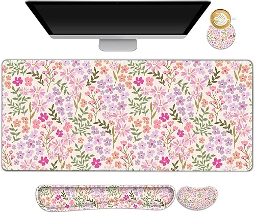 Miniatura 26 de Juego de alfombrilla de mouse grande para juegos, 4 en 1, alfombrilla de escritorio extendida para teclado con reposamuñecas, juego de alfombrilla