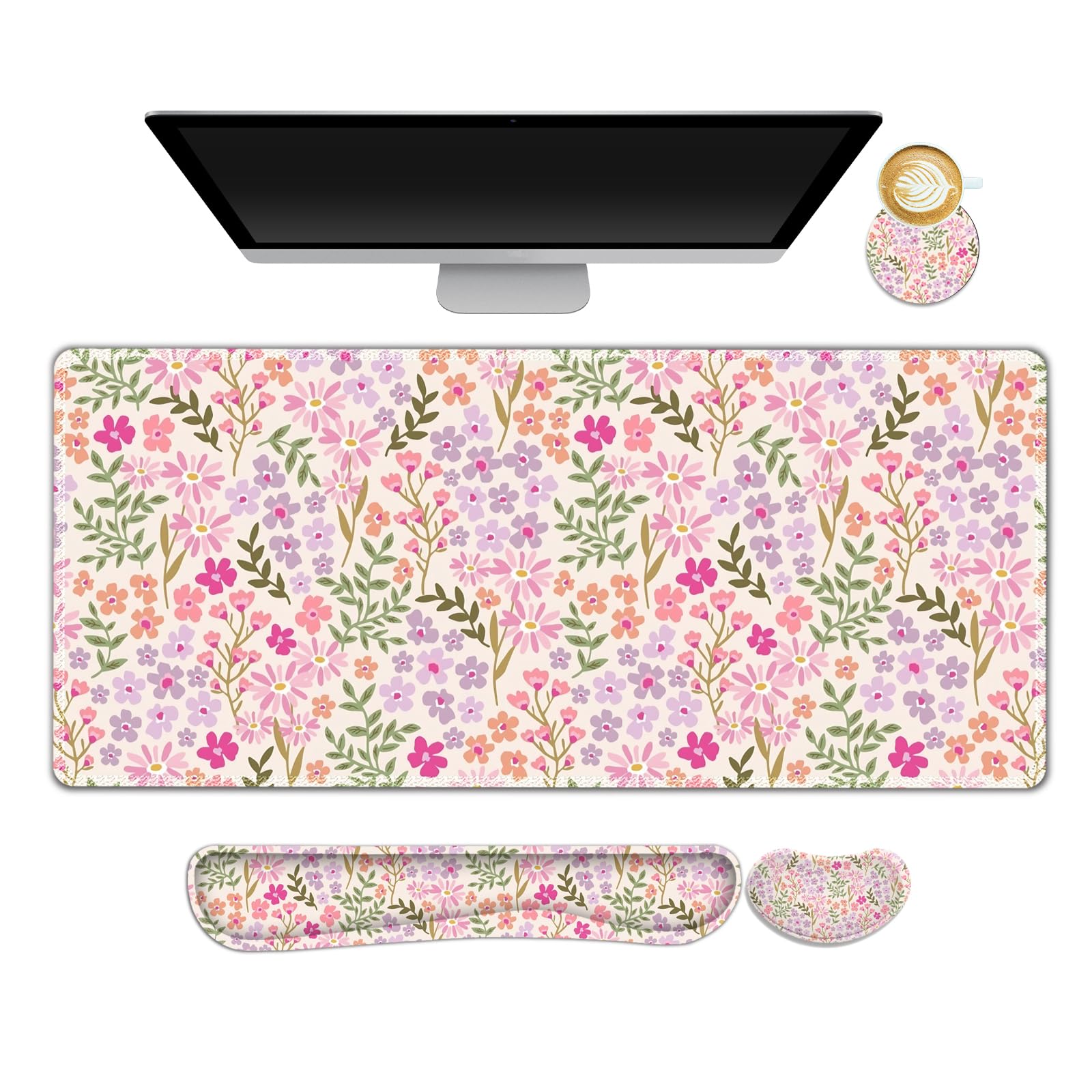 Gaming Wrist Rest & Keyboard Desk Mat - Orange Flowers -17