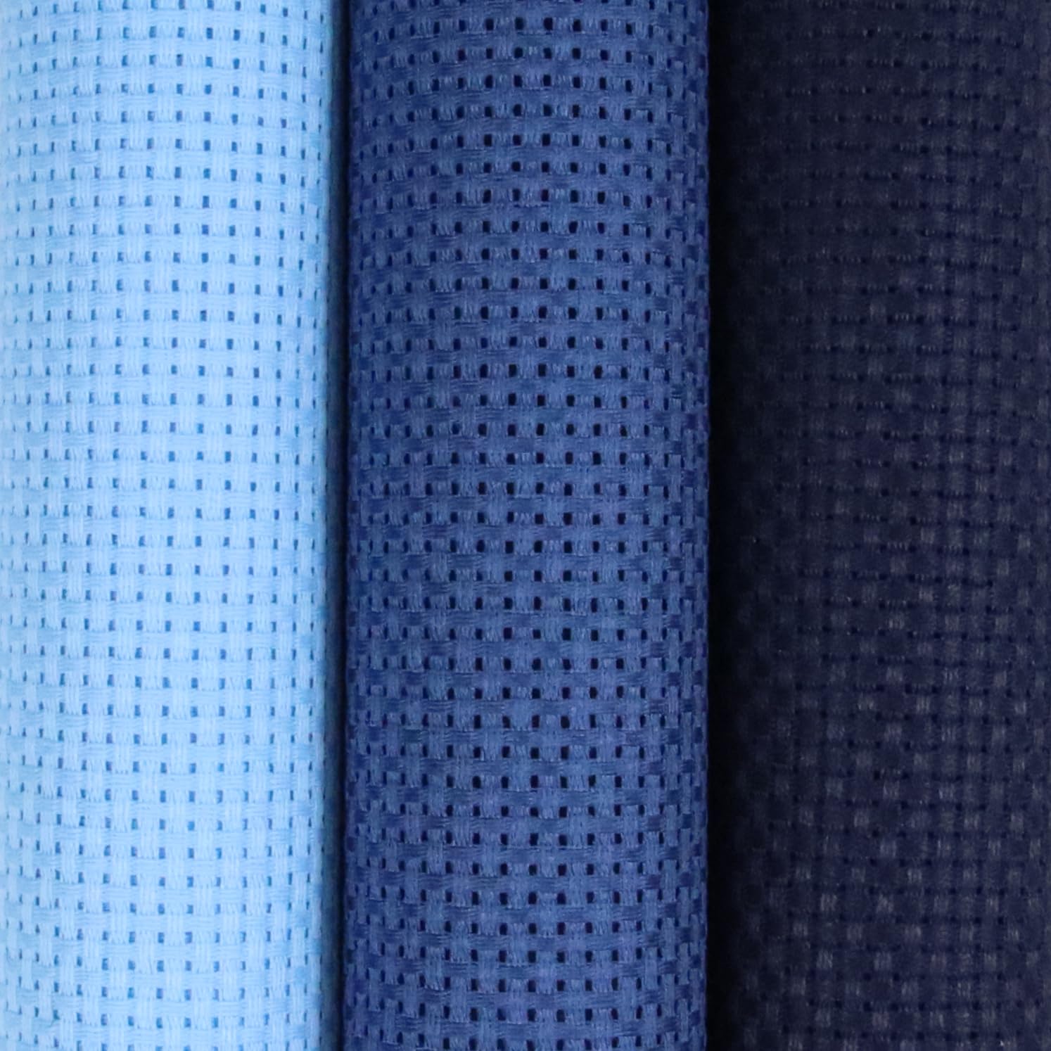 KCS 3 pc of 15" x 18"(38cmx45cm) 11 Count Cross Stitch Cotton Aida Cloth Needlework Rolled Fabric Box,11CT,Light Blue+Jeans Blue+Navy Blue