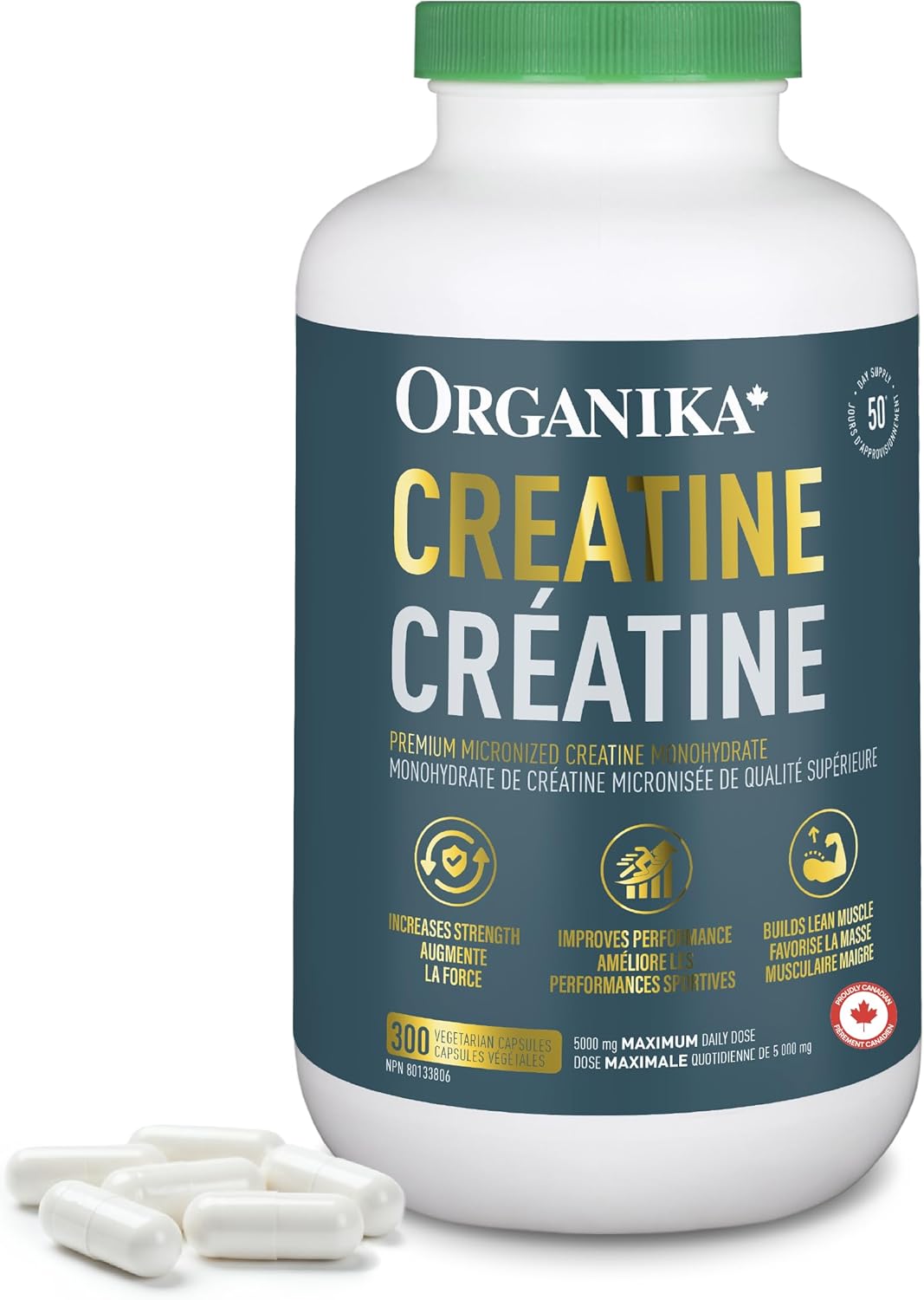 Product image of Organika Canadian-Made Creatine Capsules- Pure Micronized Creatine Monohydrate - Helps Build Lean Muscle, Increase Strength, and Improved Recovery and Performance for Men and Women- 300vcaps