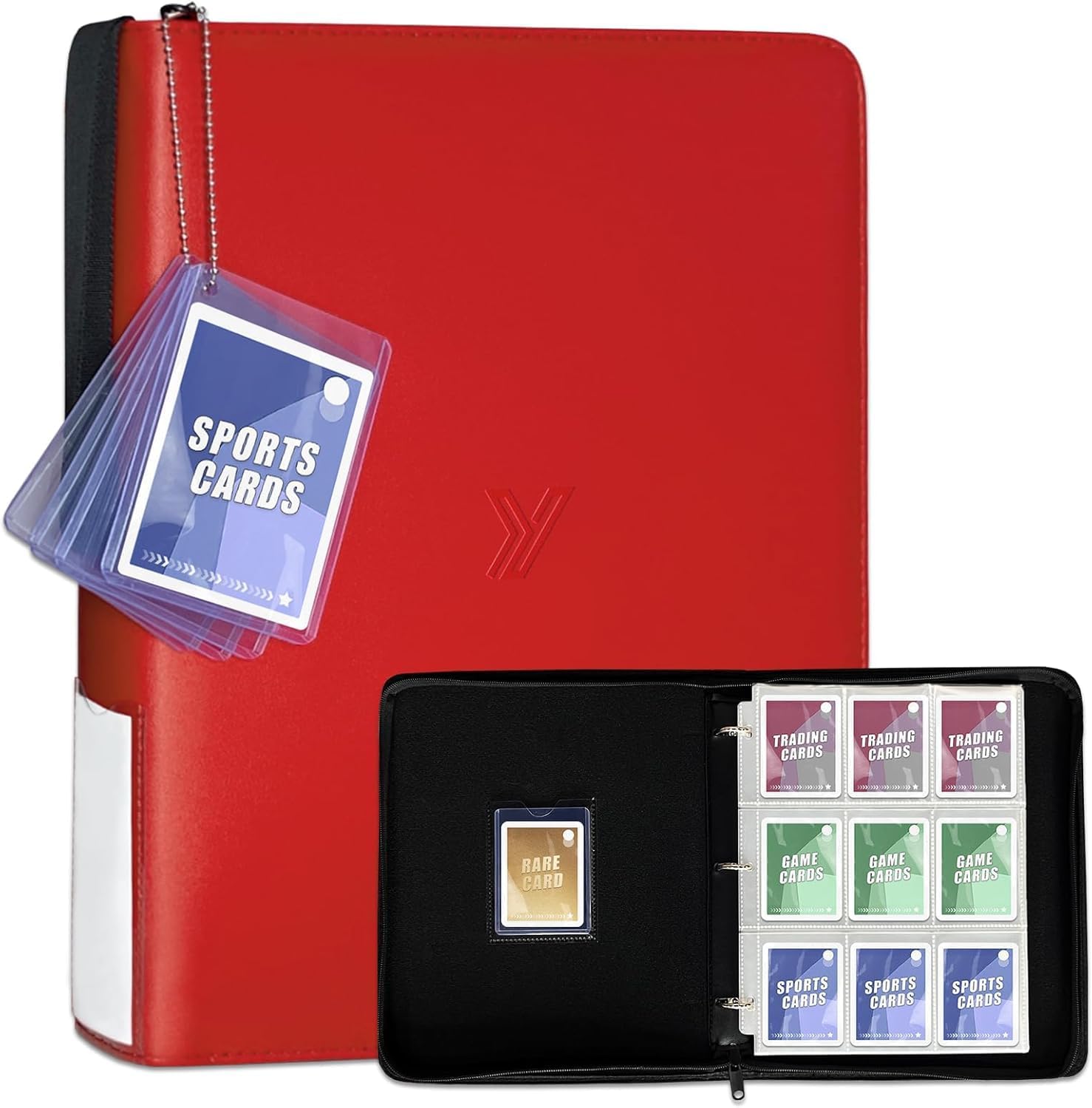 990 Pockets Card Binder for Pkm Cards - 9 Pocket Trading Card Album with 55 Pages & Display Chain - Portable Zipper Carrying Case for Baseball, Football, TCG Collector (Red)