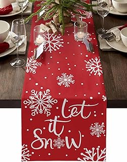 Christmas Table Runner-Cotton Linen-Let it Snow Dinner Scarf Décor,Long 72 Inch Holiday Winter Snowflake Dresser Scarves,Farmhouse Xmas Kitchen Coffee/Dining Home Living Room Tablerunner,Red White