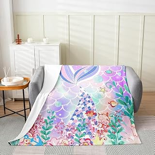 Feelyou Mermaid Plush Throw Blanket, for Sofa Couch Kids Ocean Life Sea Animal Flannel Fleece Blanket Set Room Decorative Fish Scales All Season,Bed Blanket Pastel Twin 60"x80"