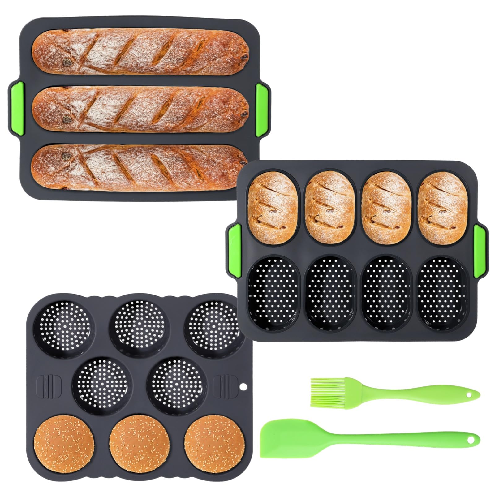 Lot de 5 moules en silicone pour pain français, moule à baguettes 3 compartiments, moule à petits pains 8 compartiments, avec spatule et pinceau à huile pour boulangerie maison